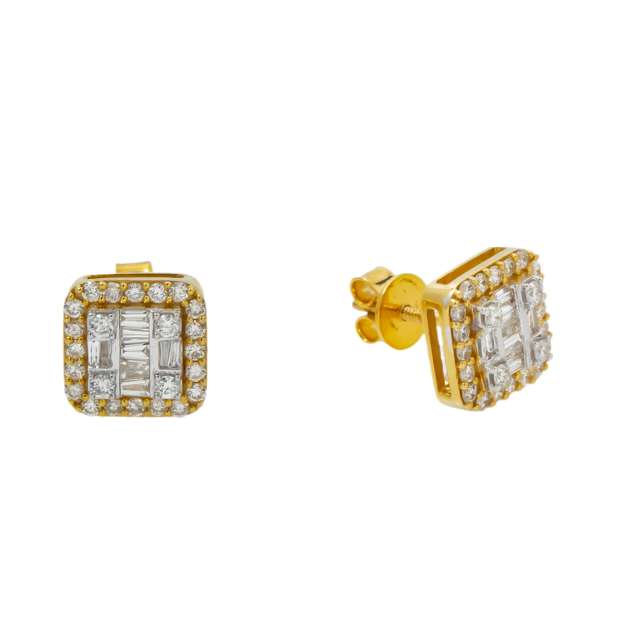 10K GOLD BAGUETTE AND ROUND DIAMOND CLUSTER SQUARE SHAPE EARRINGS 0.97 CTW - Image 3