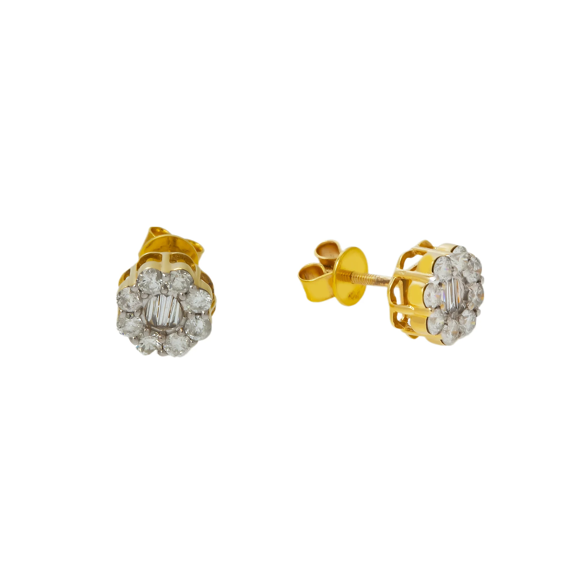 10K GOLD BAGUETTE AND ROUND DIAMOND FLOWER SHAPE EARRINGS 0.77 CTW - Image 3
