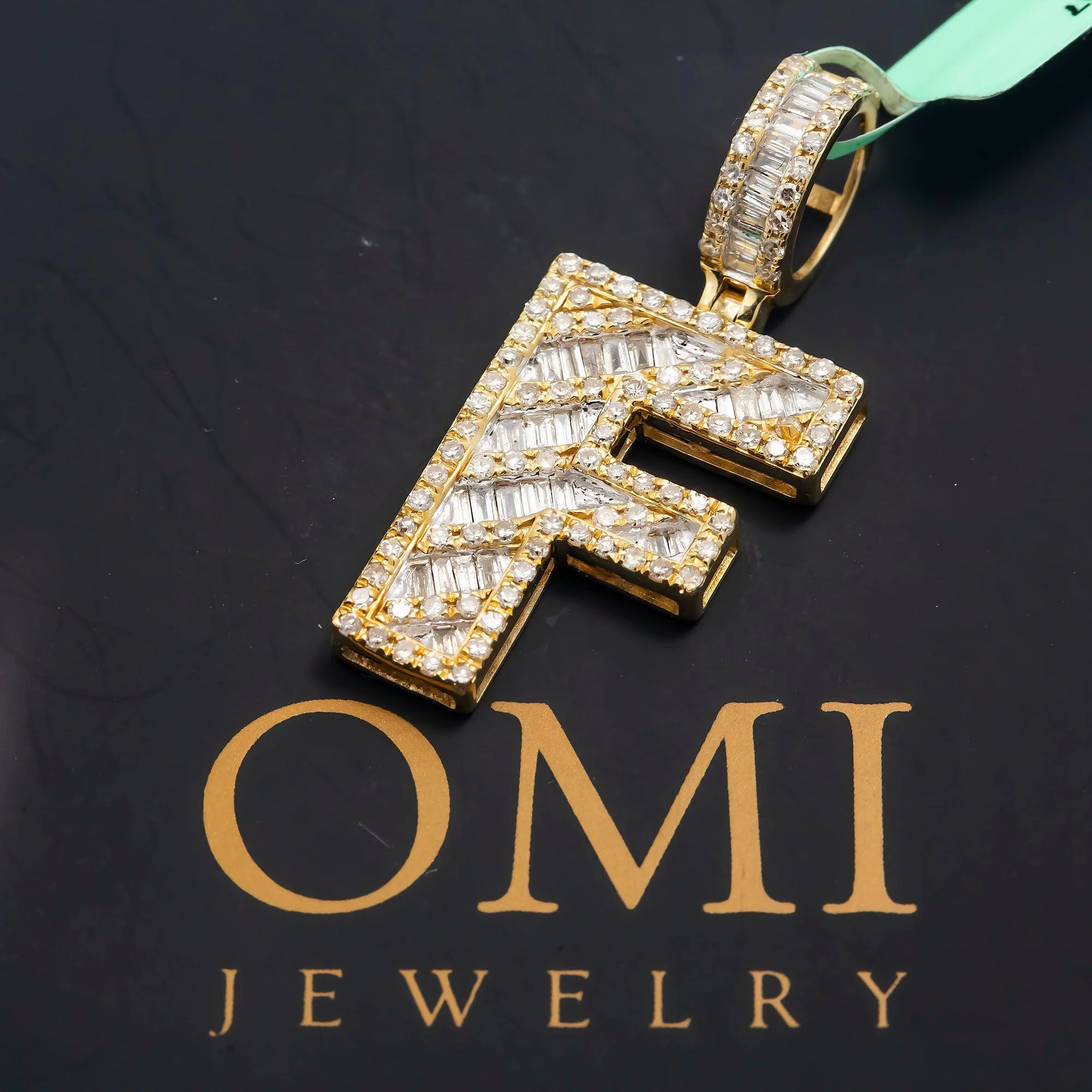 10K GOLD BAGUETTE AND ROUND DIAMOND INITIAL F PENDANT 1.25 CT - Image 2