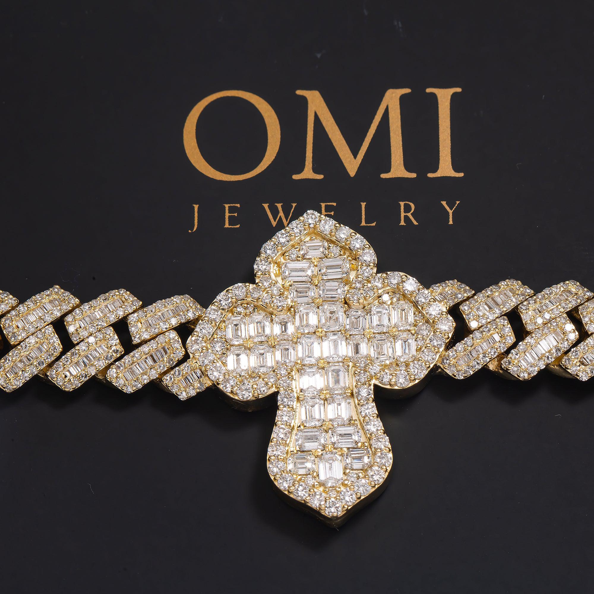 10K GOLD BAGUETTE AND ROUND DIAMOND PRONG CUBAN LINK CROSS CHAIN - Image 4