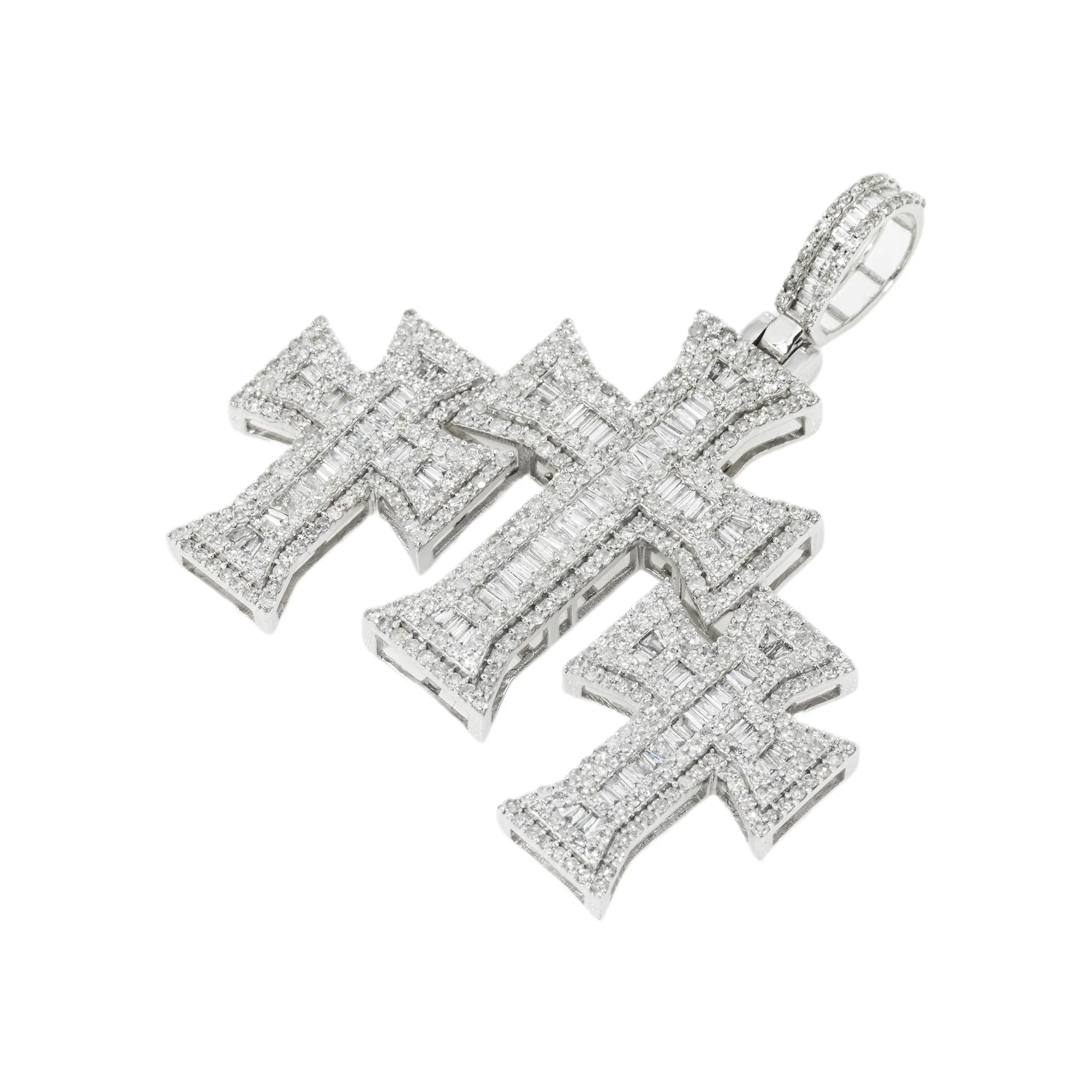 10K GOLD BAGUETTE AND ROUND DIAMOND TRIPLE CROSSES PENDANT 2.91 CT - Image 3