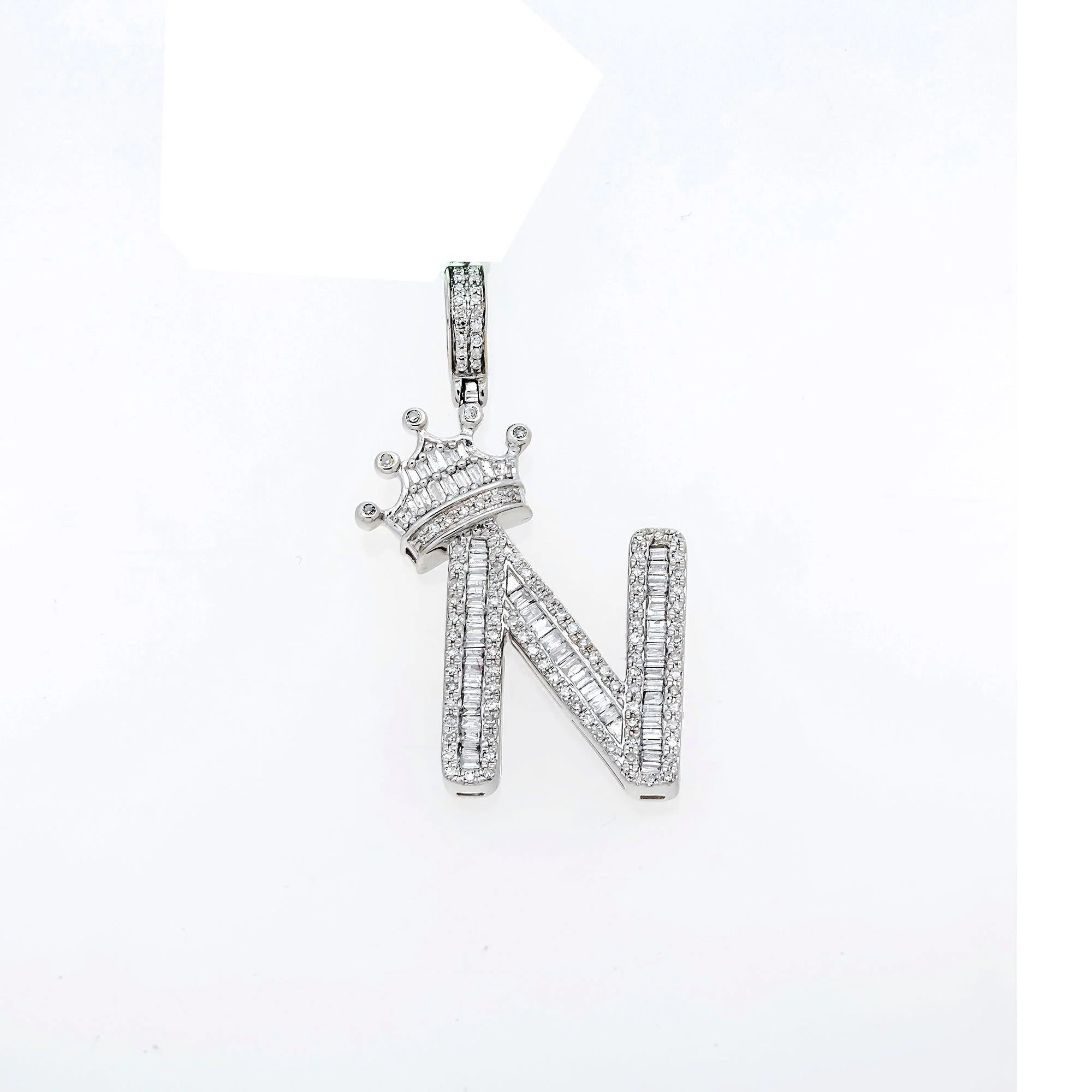 10K GOLD BAGUETTE DIAMOND INITIAL N WITH CROWN PENDANT 0.69 CT