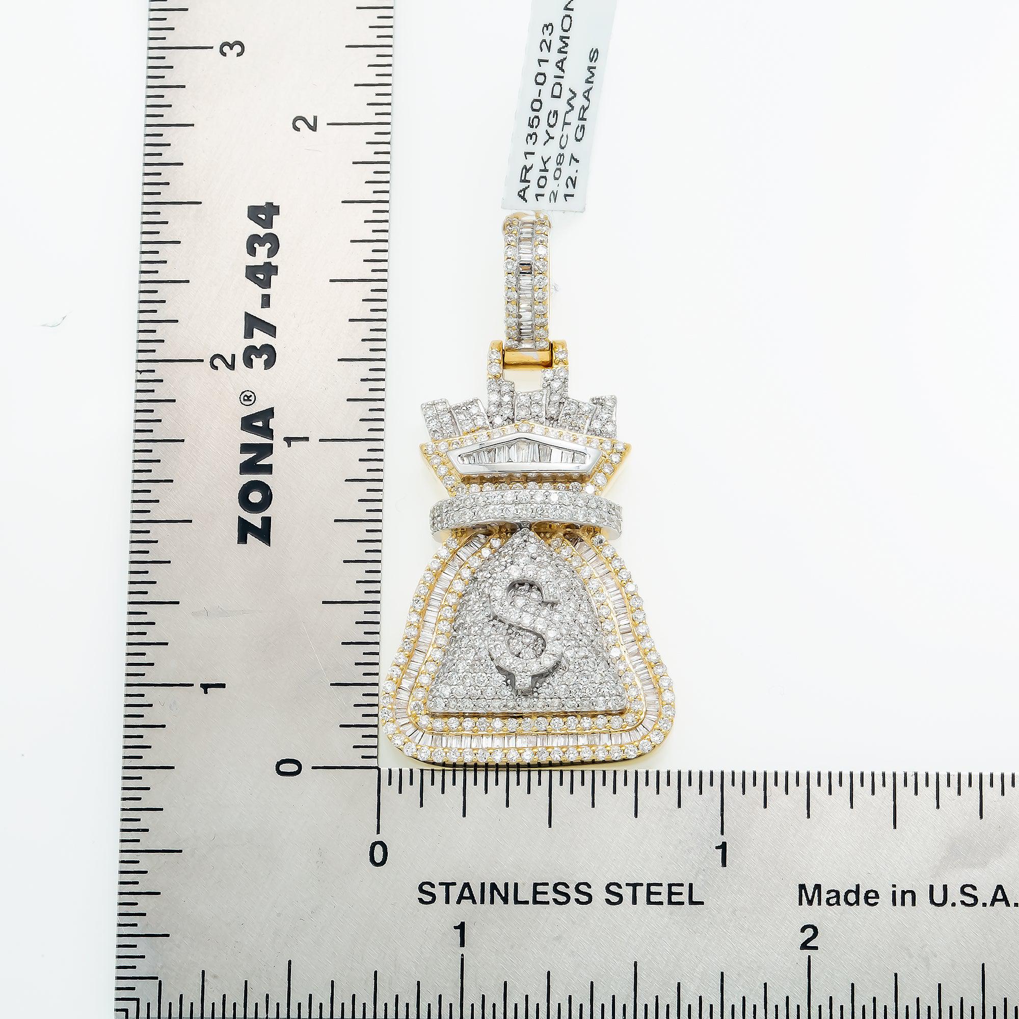 10K GOLD BAGUETTE DIAMOND MONEY BAG DOLLAR SIGN PENDANT 2.08 CT - Image 4