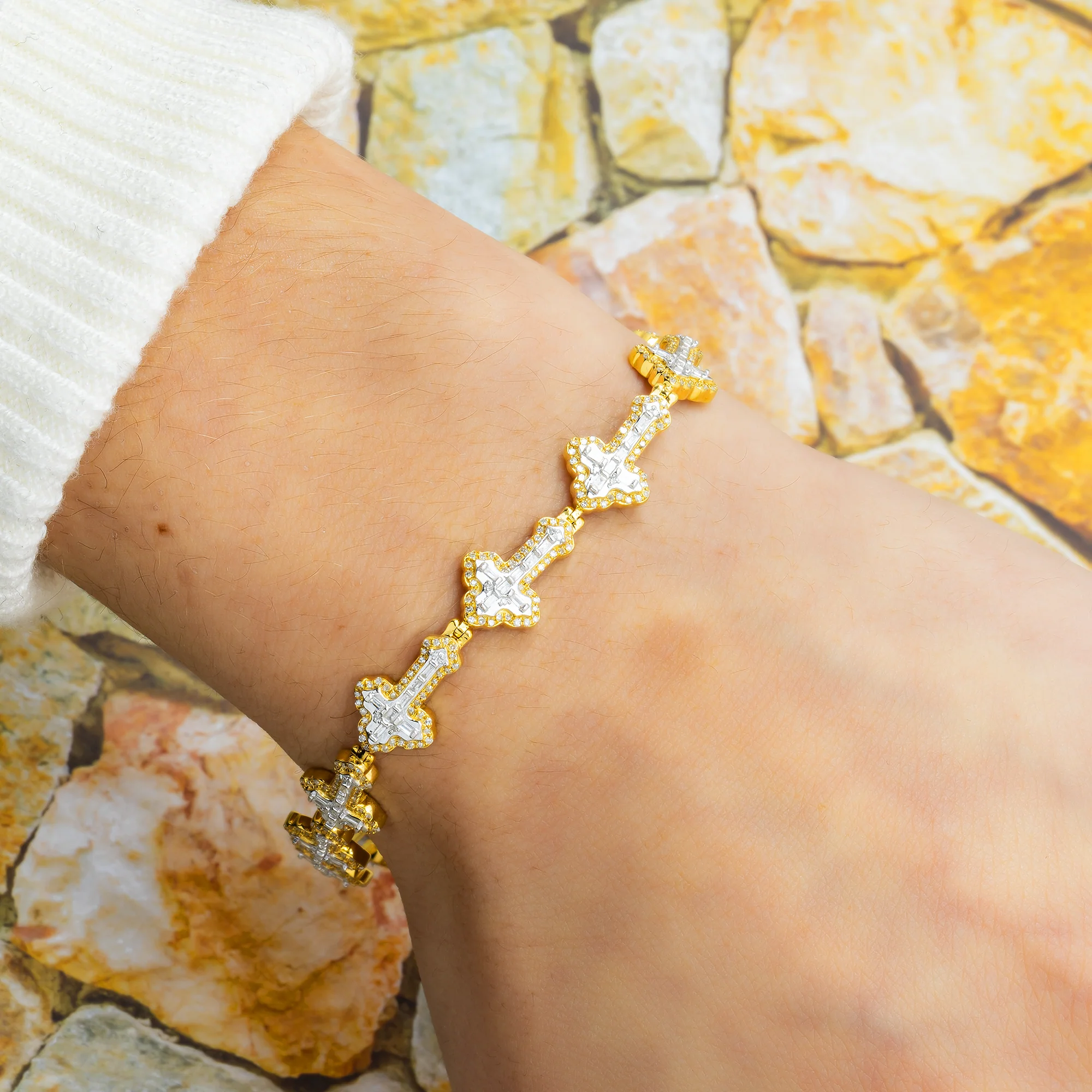 10K GOLD BAGUETTE DIAMOND POINTED EDGES CROSS BRACELET 1.70 CT - Image 2