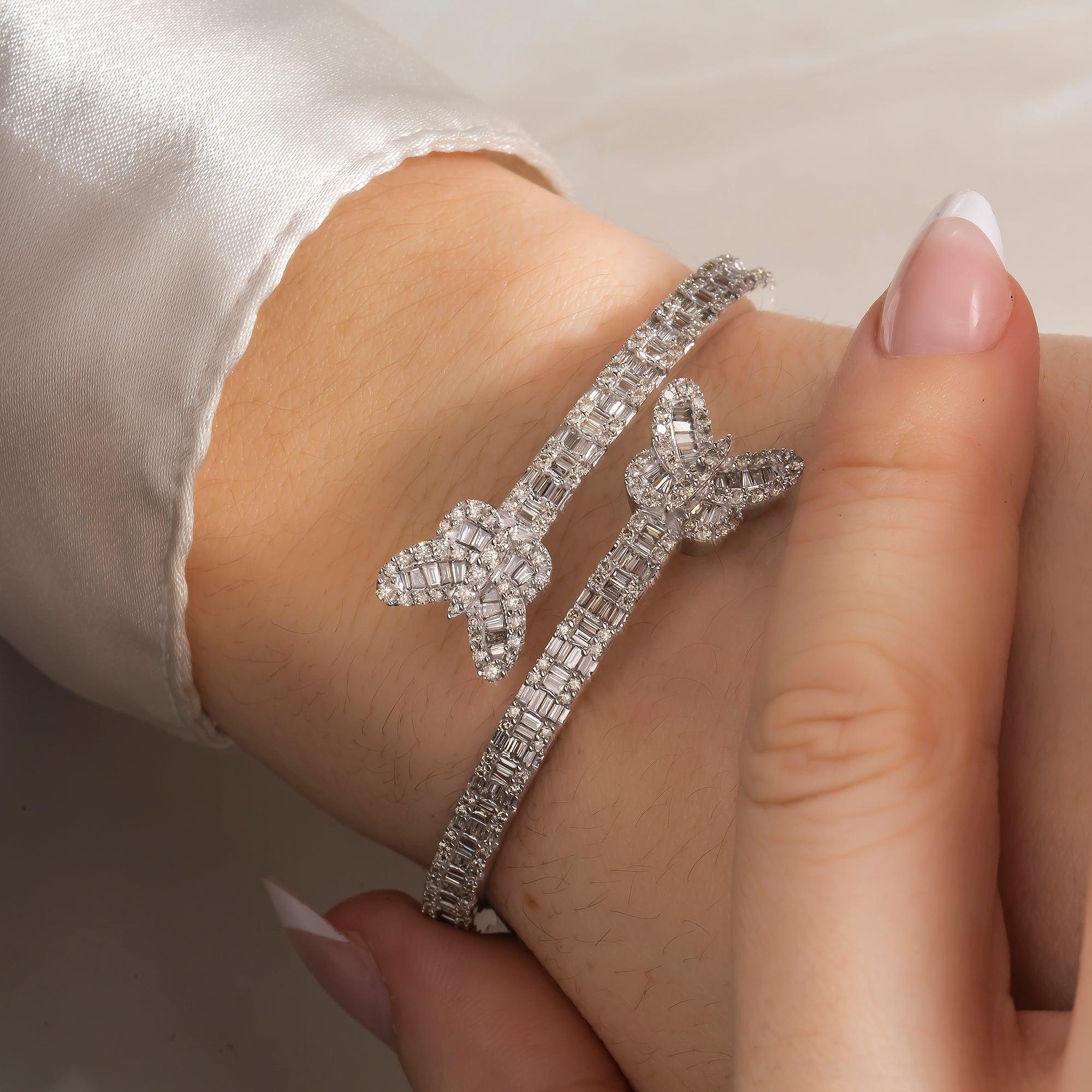 10K GOLD BAGUETTE DIAMONDS OPEN BUTTERFLY BANGLE 4.25 CT - Image 2