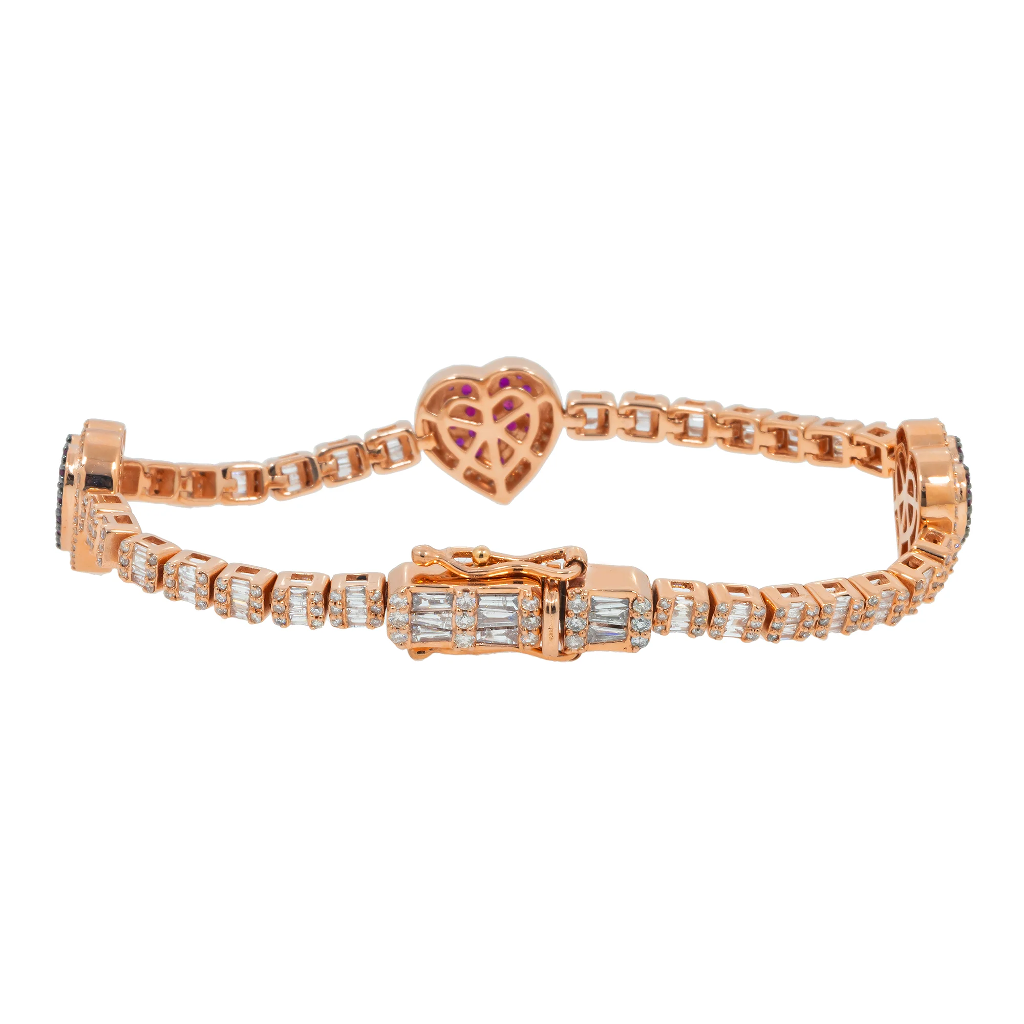 10K GOLD BAGUETTE & ROUND DIAMONDS GEMSTONE HEART BRACELET 2.50 CTW - Image 3