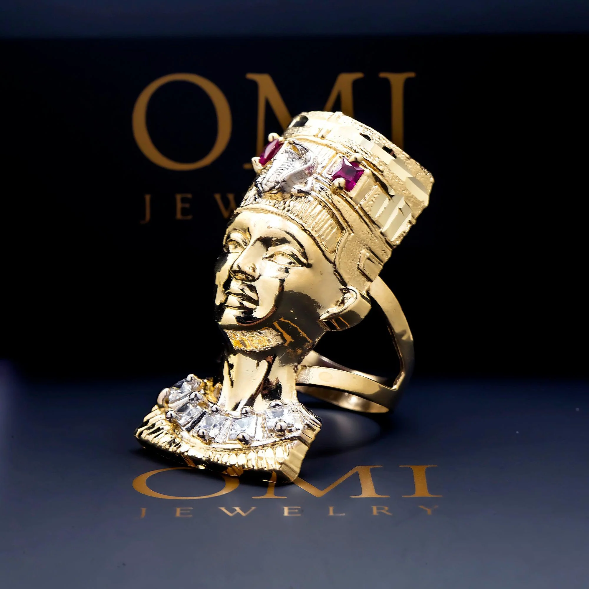 10K GOLD DIAMOND AND GEMSTONE EGYPTIAN QUEEN NEFERTITI RING 9.2G - Image 3