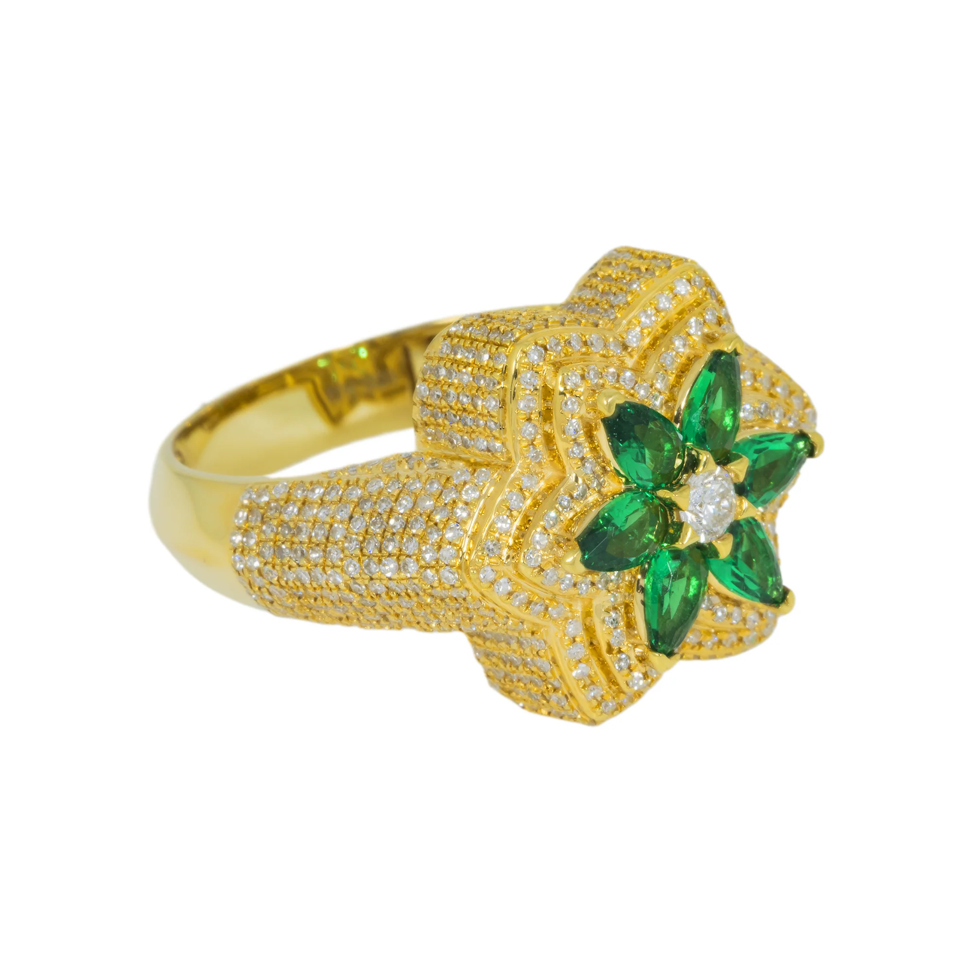 10K GOLD DIAMOND AND PEAR EMERALD GEMSTONE FLOWER RING 1.09 CTW - Image 3