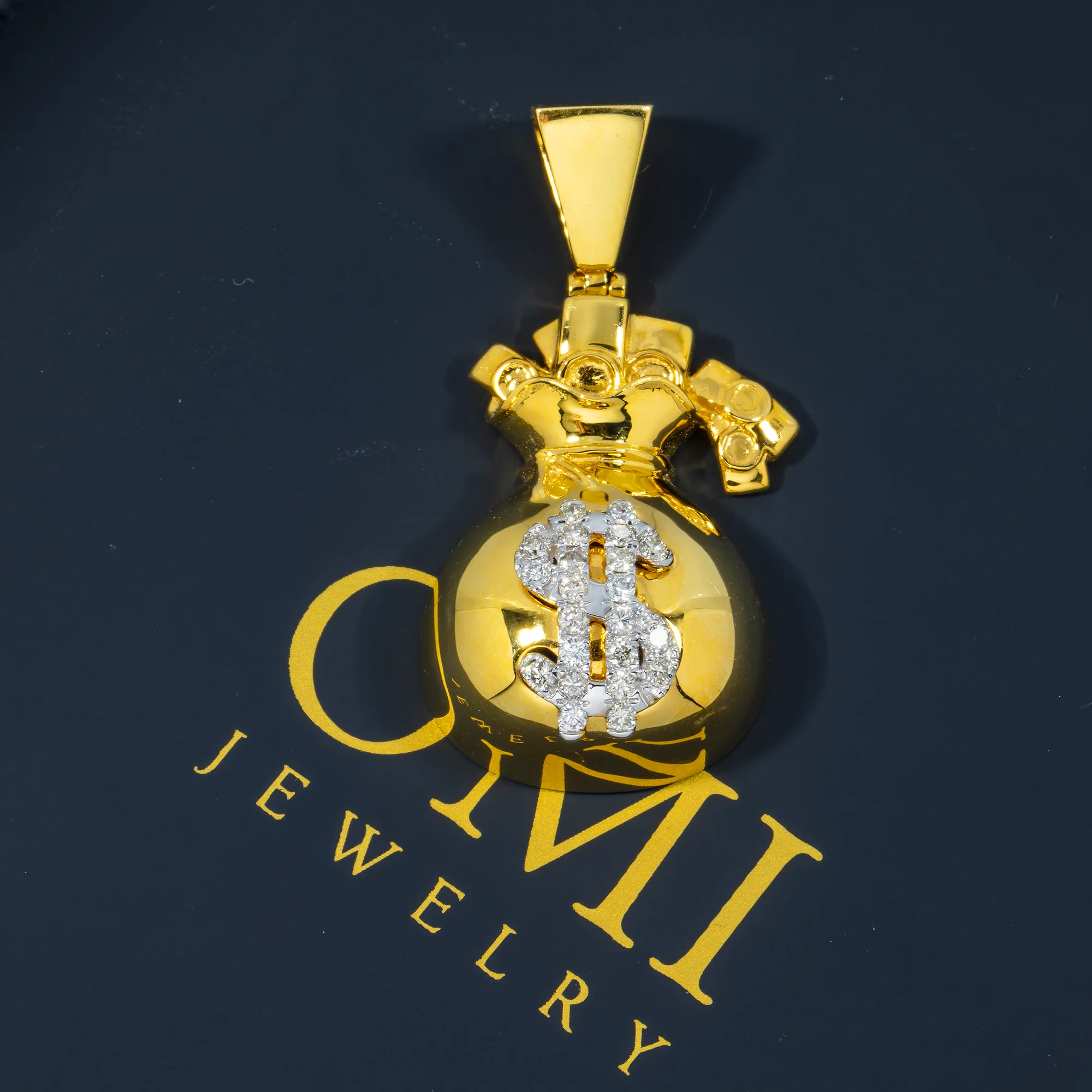 10K GOLD DIAMOND DOLLAR SIGN MONEY BAG PENDANT 0.50 CT - Image 2