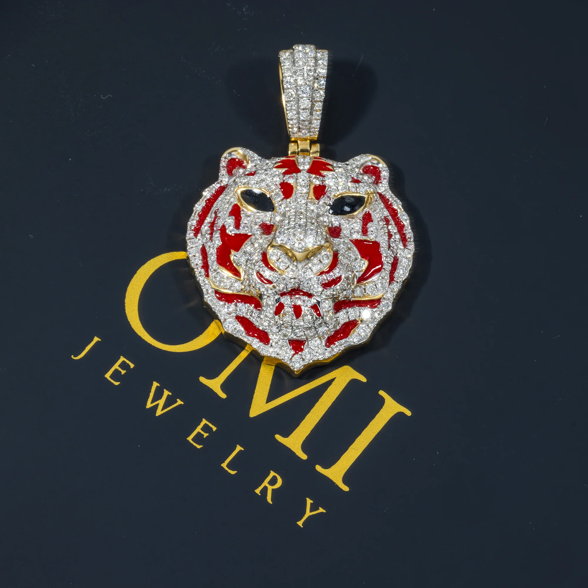 10K GOLD DIAMOND RED TIGER HEAD PENDANT 1.25 CT - Image 4