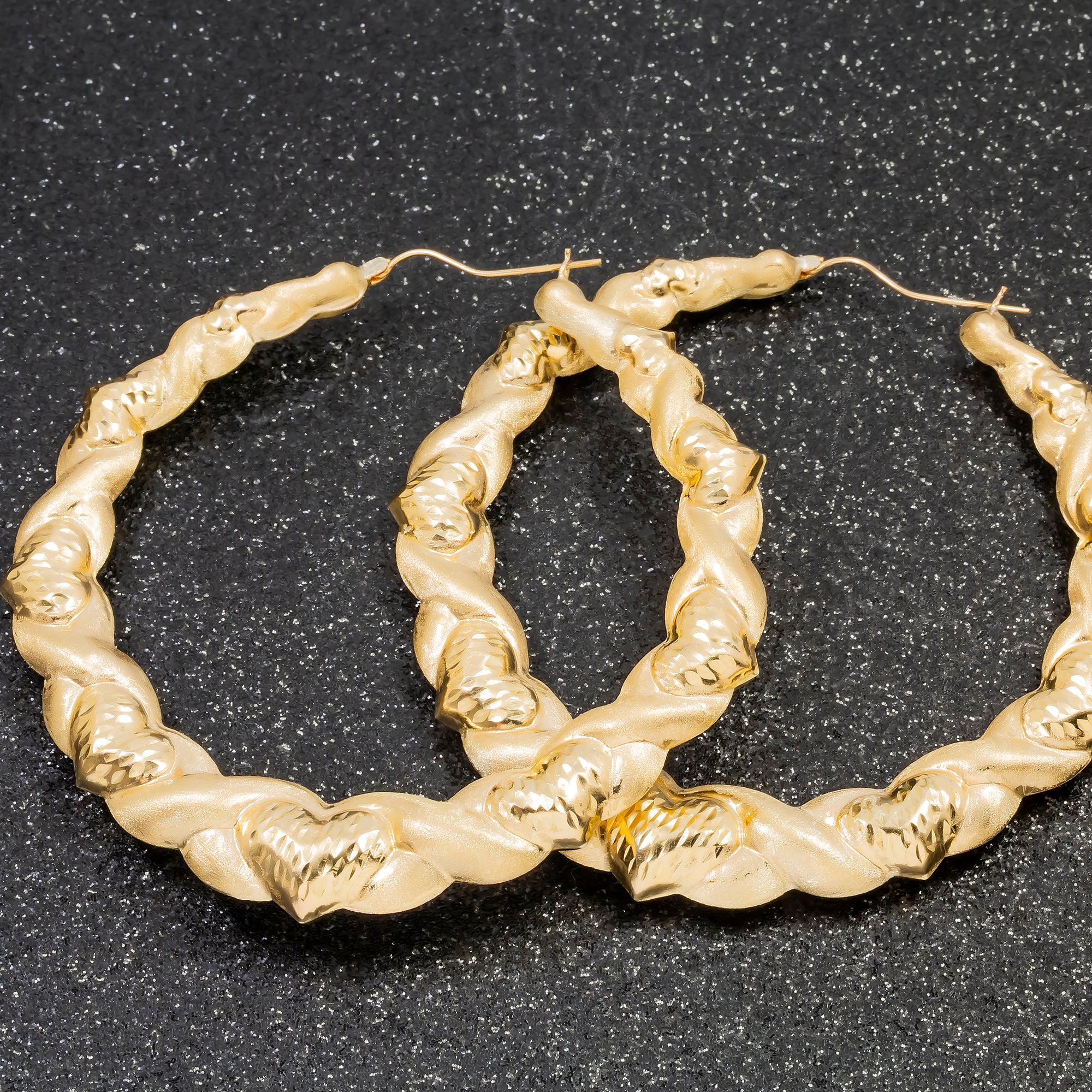 10K GOLD LADIES ROUND HEART SHAPE HOOP EARRINGS - Image 2
