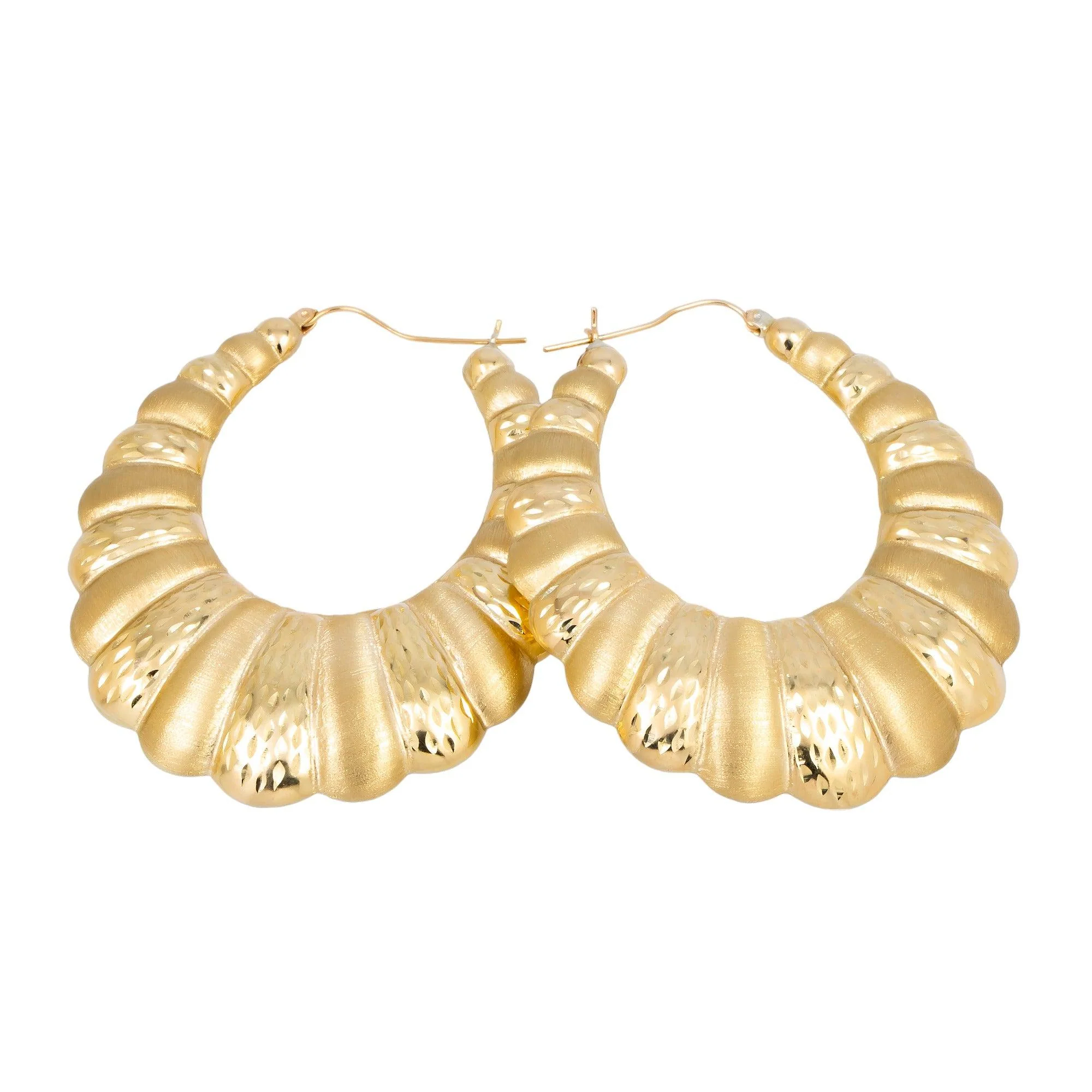 10K GOLD LADIES ROUND TEXTURED DROP SHAPED HOOP EARRINGS - Image 3