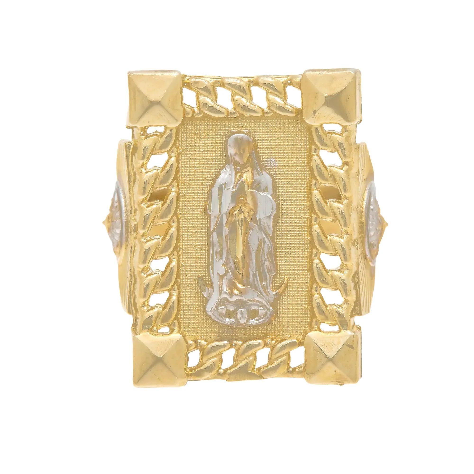 10K GOLD TWO TONE MOTHER MARY CUBAN LINK RECTANGLE RING 7.0G