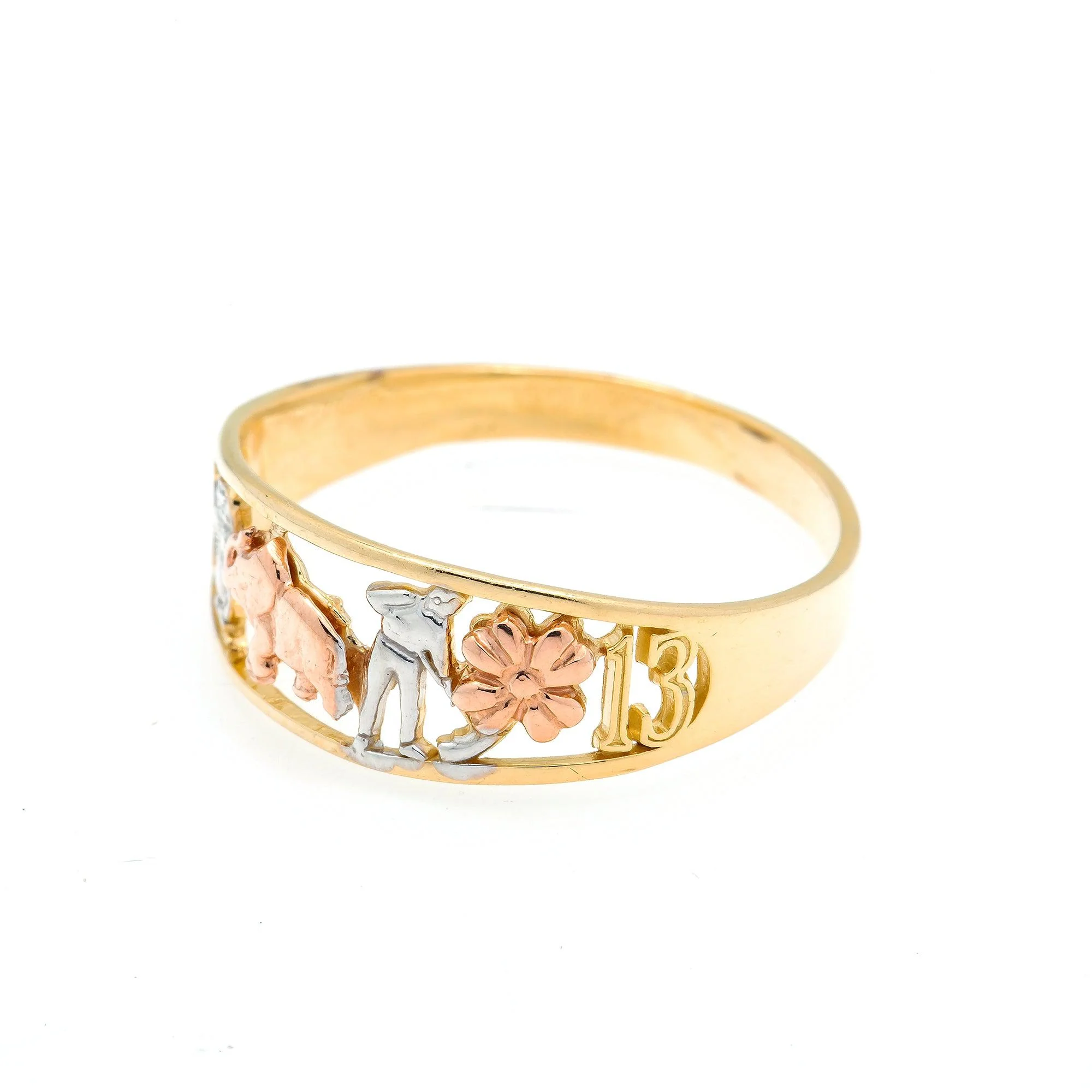 10K GOLD TRICOLOR OPEN LUCK SYMBOLS RING 2.2G - Image 2