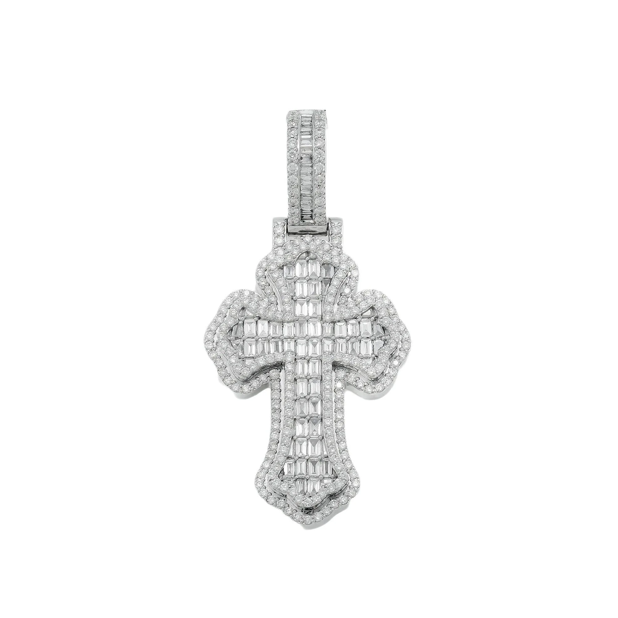 10K GOLD ROUND AND BAGUETTE DIAMOND CROSS PENDANT 2.49 CT