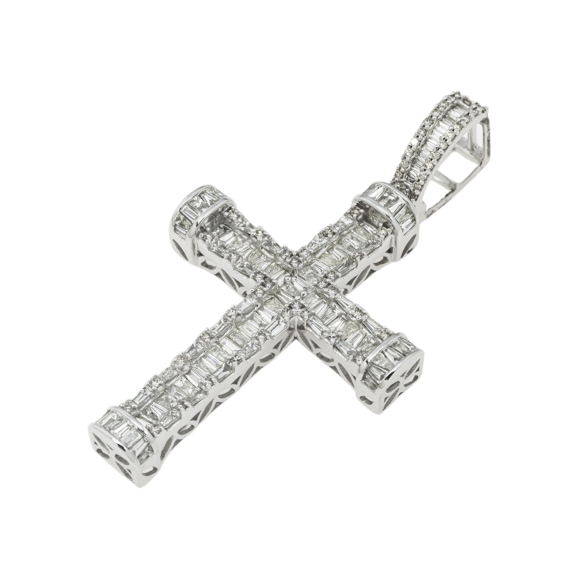 10K GOLD ROUND AND BAGUETTE DIAMOND CROSS PENDANT 3.00 CT - Image 3