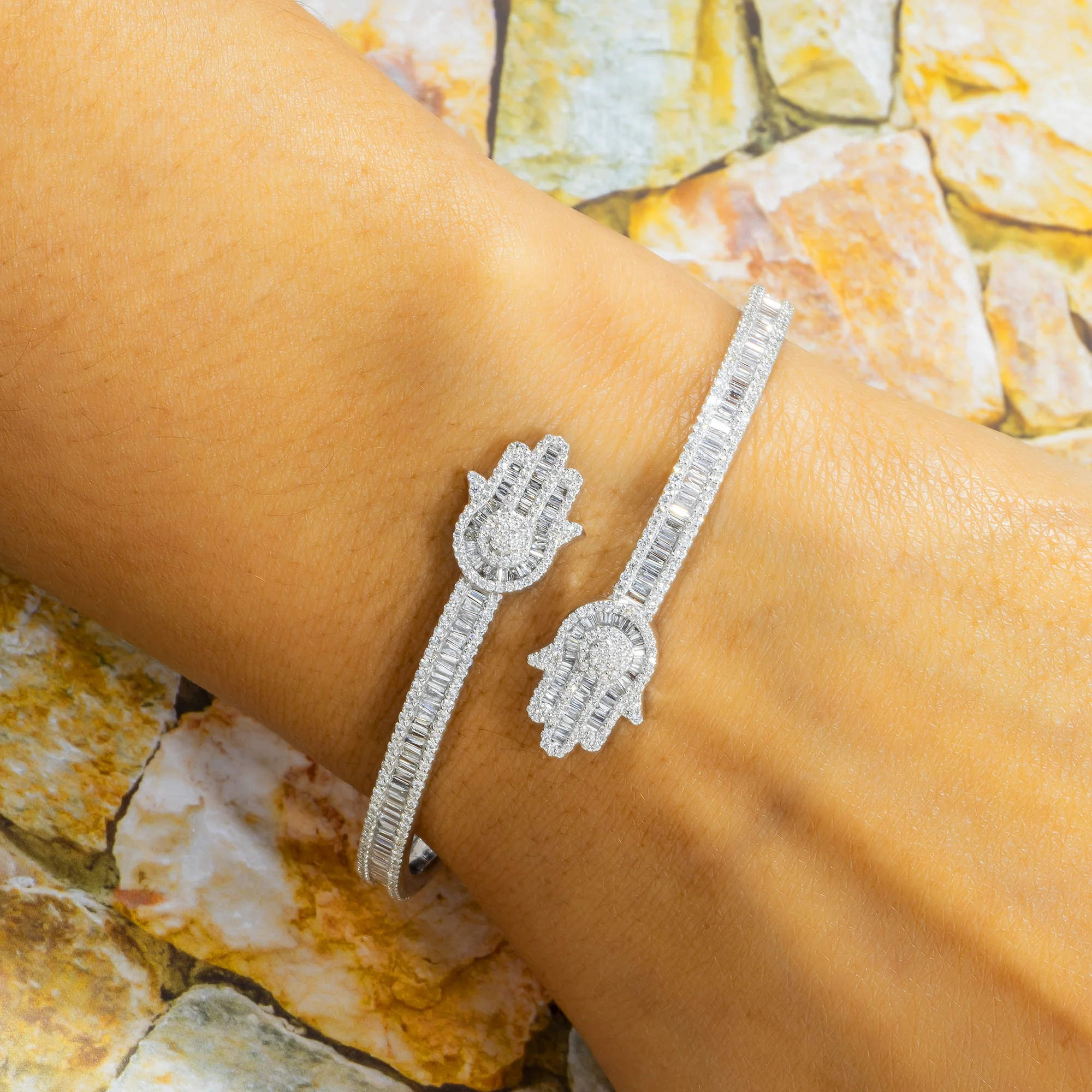 10K GOLD ROUND AND BAGUETTE DIAMOND HAMSA BYPASS BANGLE 2.57 CT - Image 2
