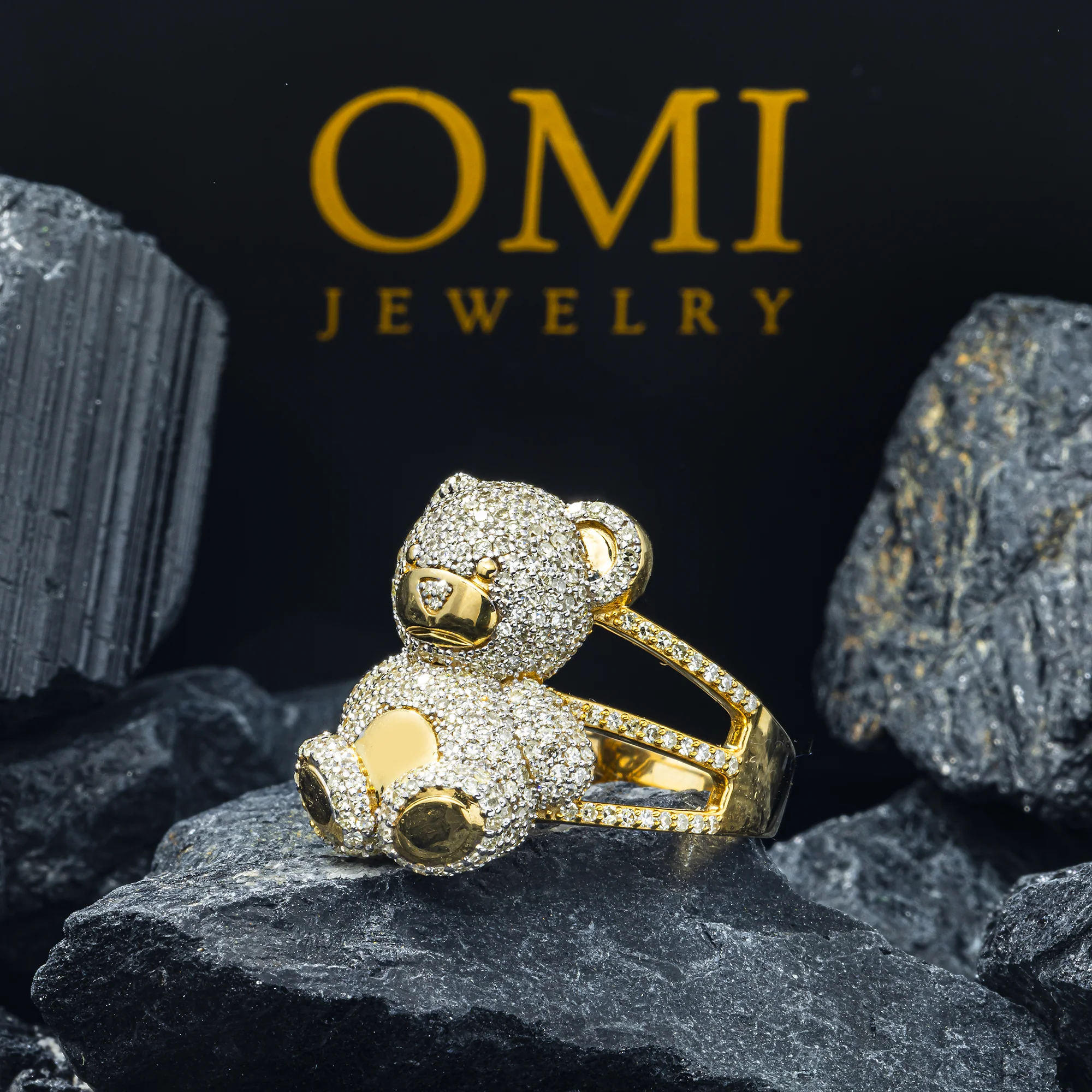 10K GOLD ROUND AND BAGUETTE DIAMOND TEDDY BEAR STATEMENT RING 1.35 CT - Image 2