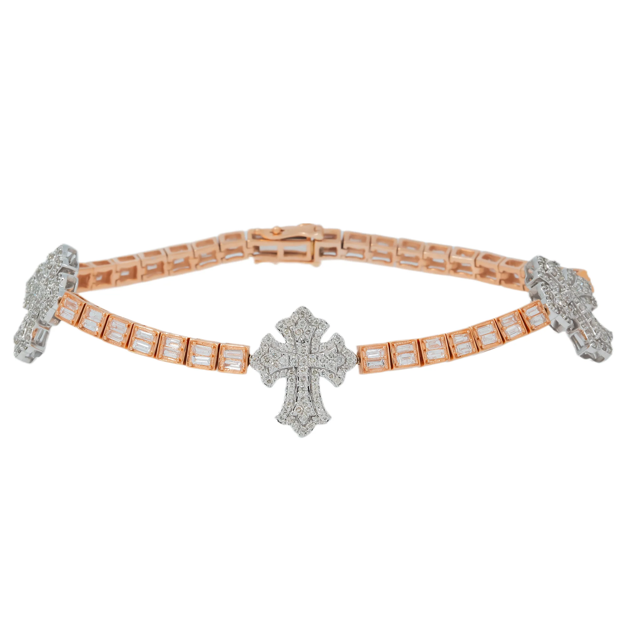 10K GOLD TWO TONE ROUND AND BAGUETTE DIAMONDS CROSS BRACELET 3.75 CT - Image 5