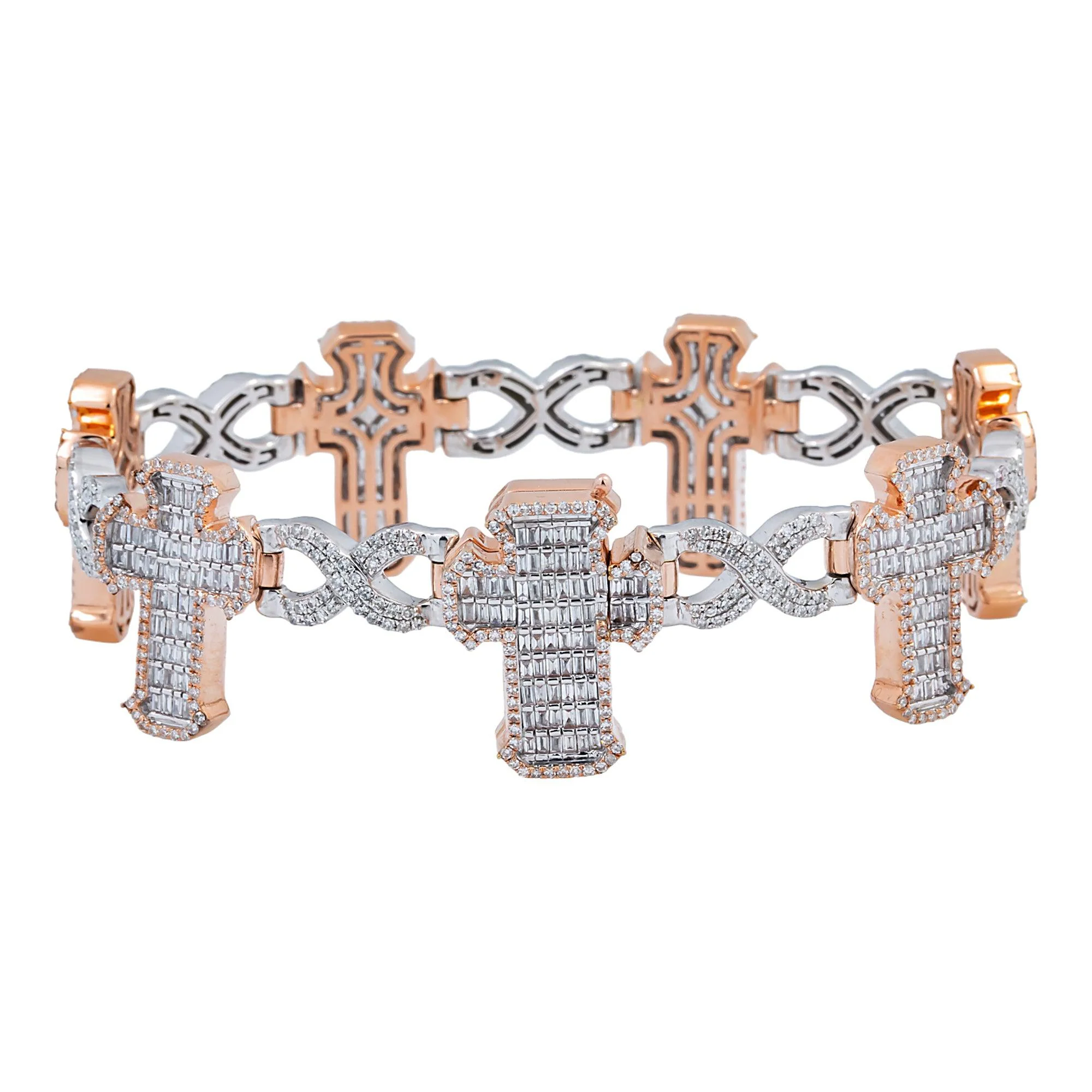 10K GOLD TWO TONE ROUND AND BAGUETTE DIAMONDS CROSS INFINITY CHAIN BRACELET 5.60 CT - Image 3