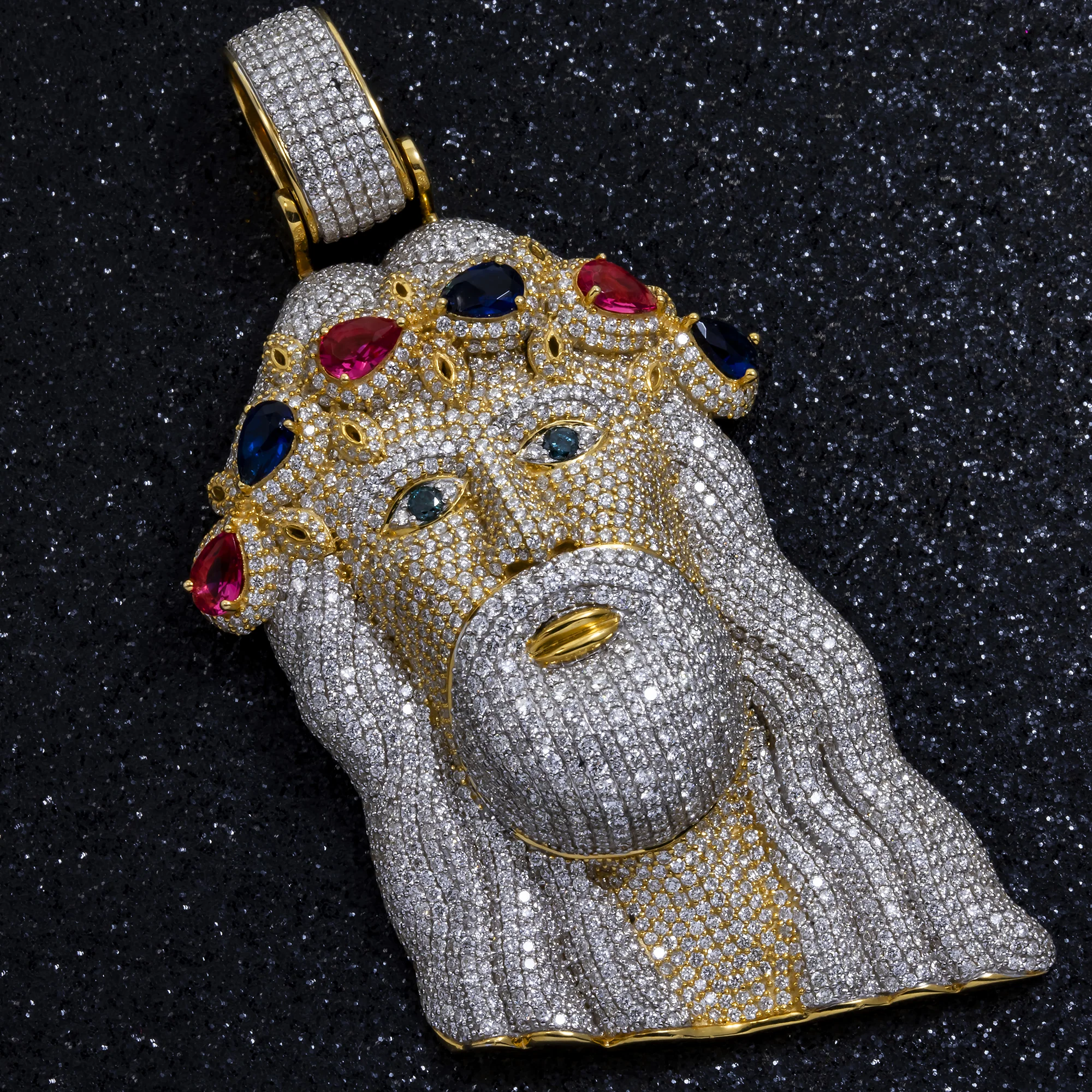 10K GOLD DIAMOND AND GEMSTONE JESUS HEAD PENDANT 13.06 CT - Image 2