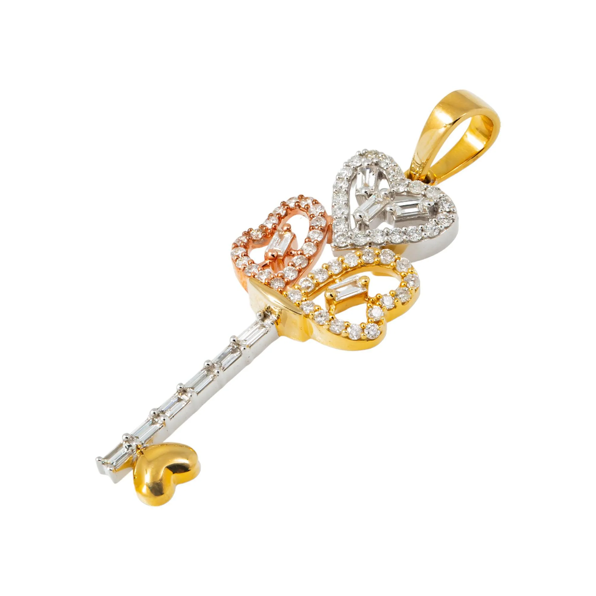 10K GOLD TRICOLOR BAGUETTE DIAMOND HEART KEY PENDANT 1.32 CT - Image 3