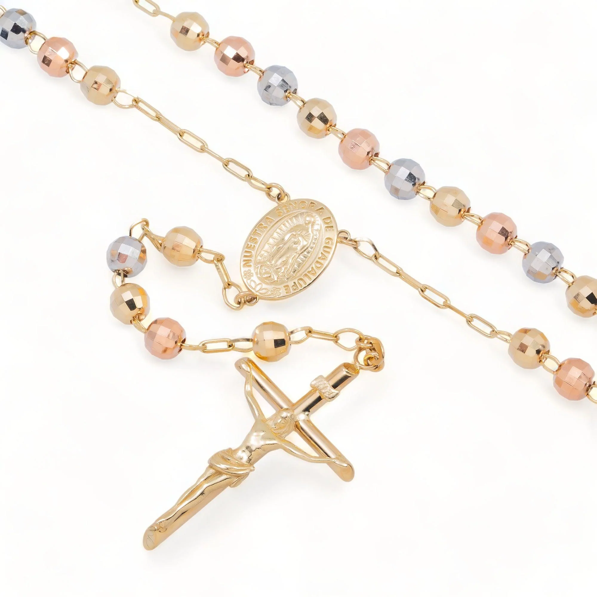 10K GOLD TRICOLOR HOLLOW 5.91MM OUR LADY OF GUADALUPE CRUCIFIX ROSARY CHAIN - Image 3
