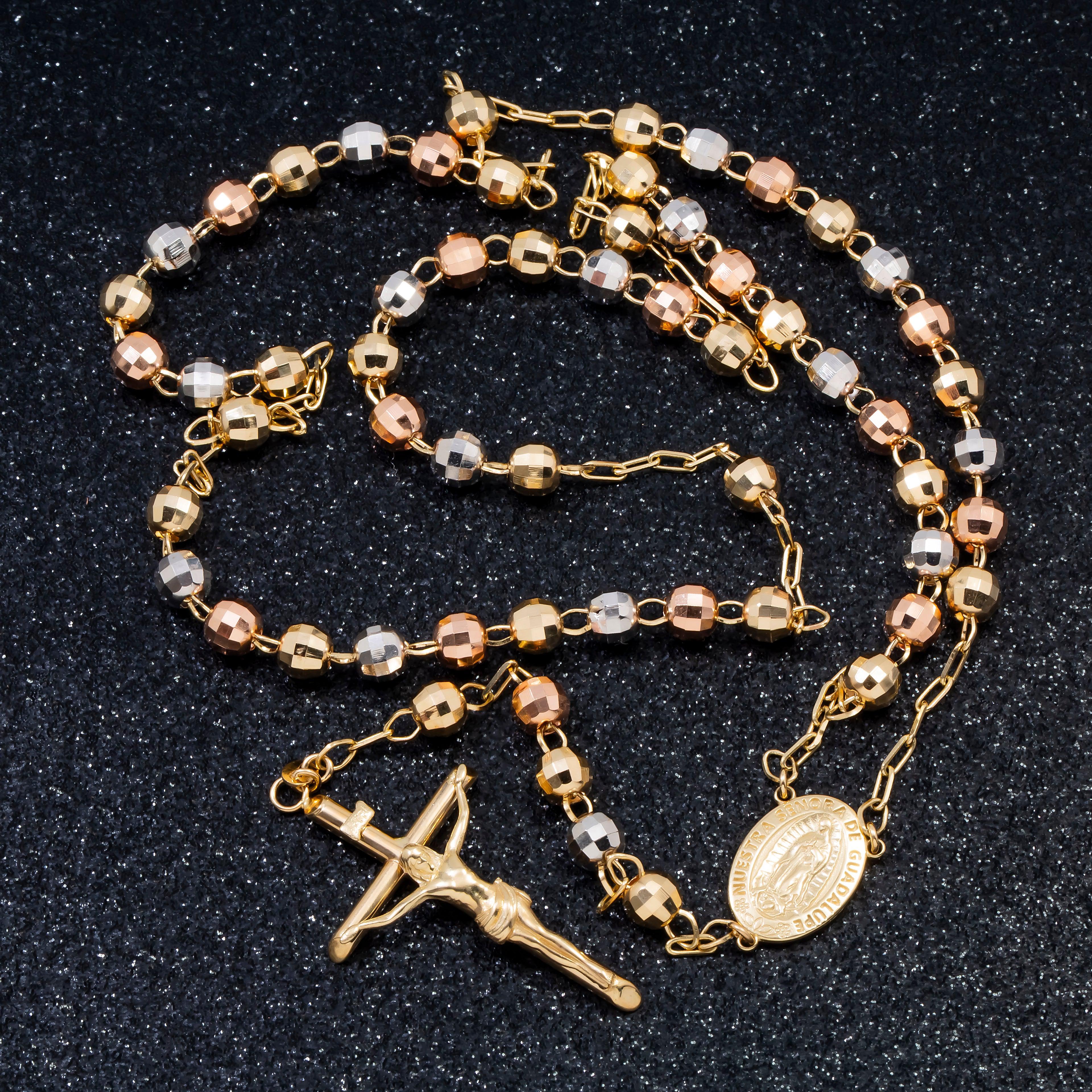 10K GOLD TRICOLOR HOLLOW 5.91MM OUR LADY OF GUADALUPE CRUCIFIX ROSARY CHAIN - Image 4