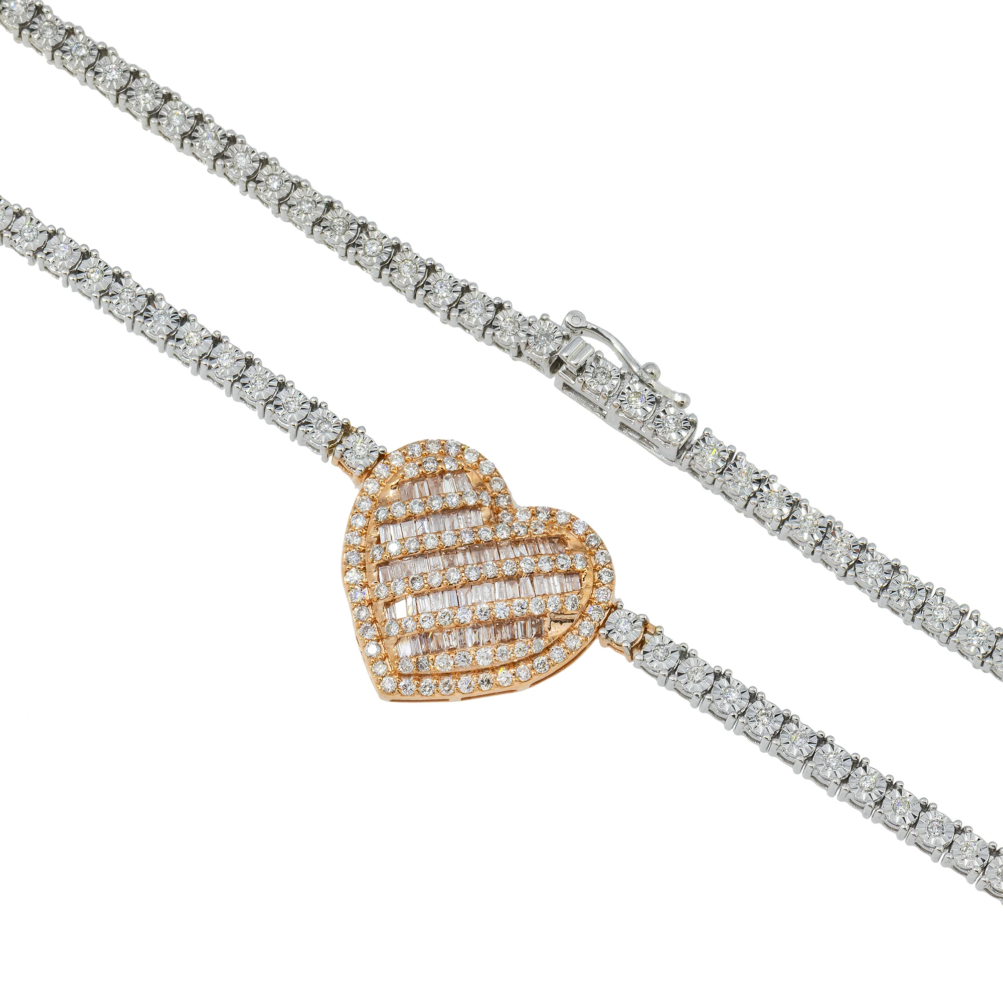 10K GOLD TWO TONE BAGUETTE AND ROUND DIAMOND HEART TENNIS CHAIN 3.00 CT - Image 2