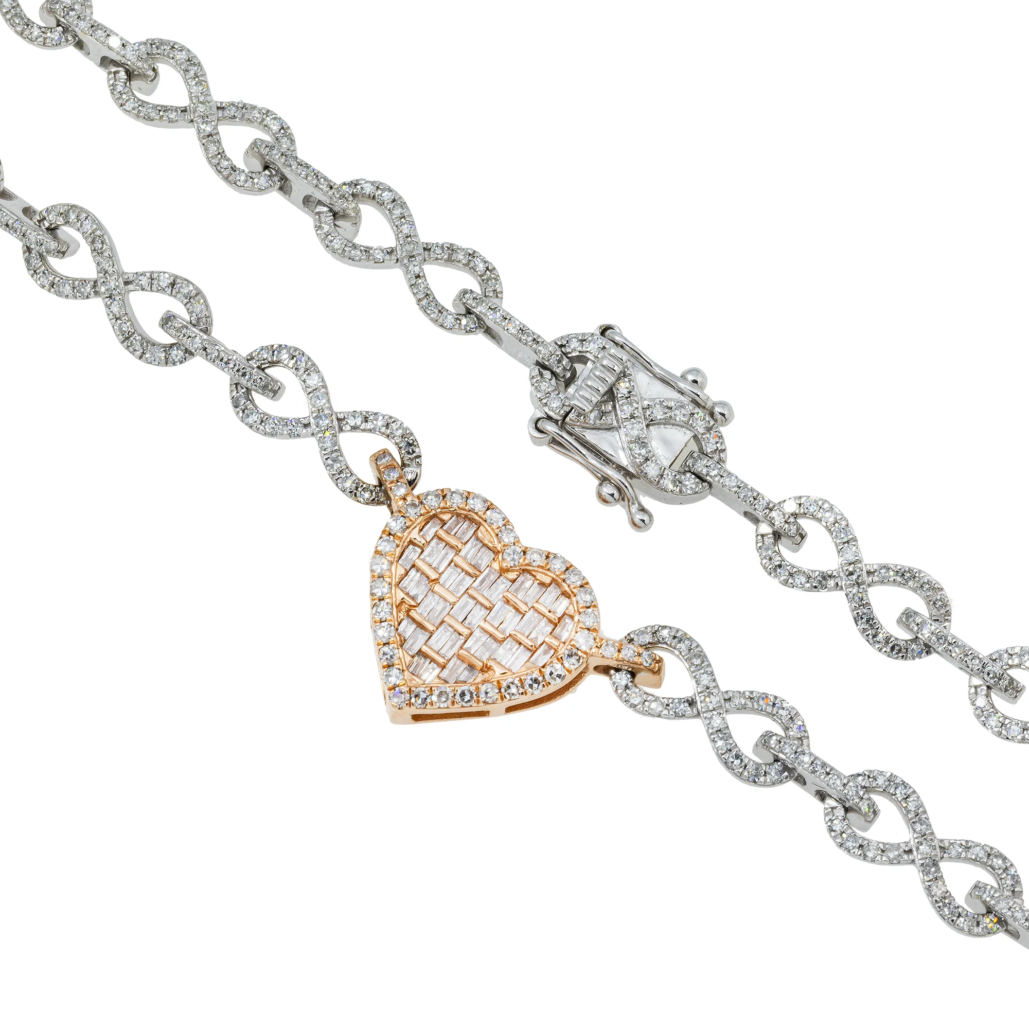 10K GOLD TWO TONE BAGUETTE AND ROUND DIAMOND INFINTY LINK HEART CHAIN 6.51 CT - Image 3