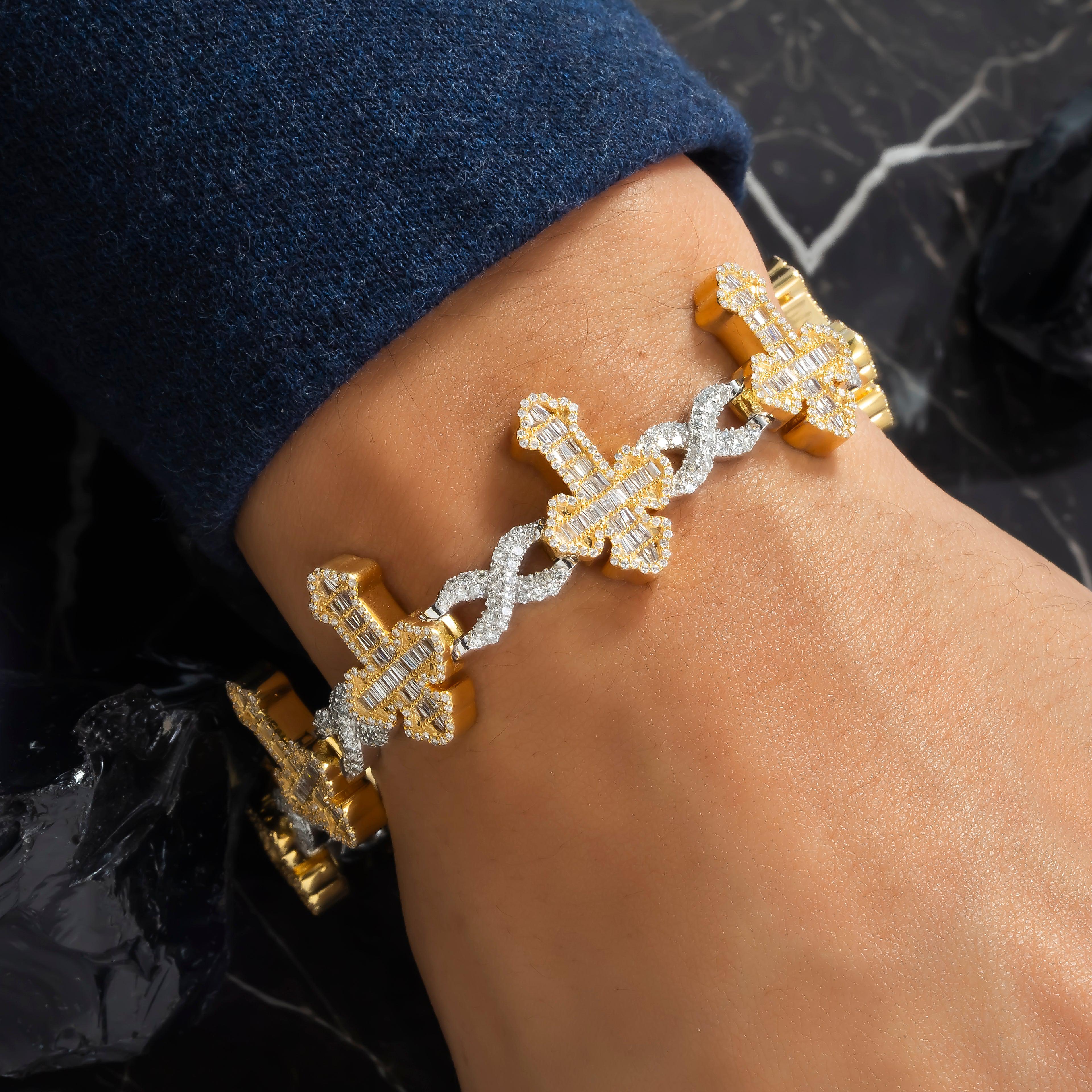 10K GOLD TWO TONE BAGUETTE AND ROUND DIAMONDS CROSS INFINITY CHAIN BRACELET 7.28 CT - Image 2