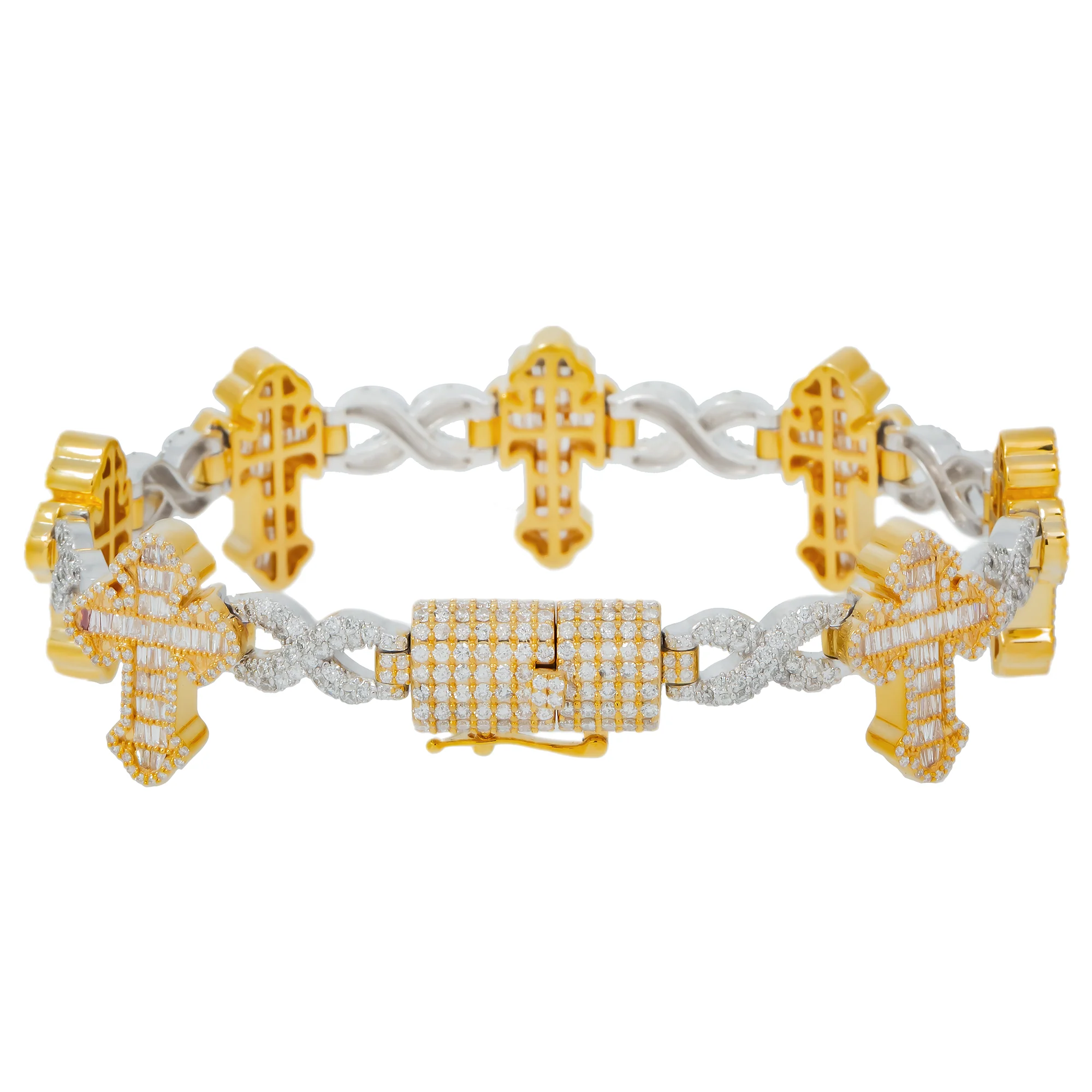 10K GOLD TWO TONE BAGUETTE AND ROUND DIAMONDS CROSS INFINITY CHAIN BRACELET 7.28 CT - Image 3