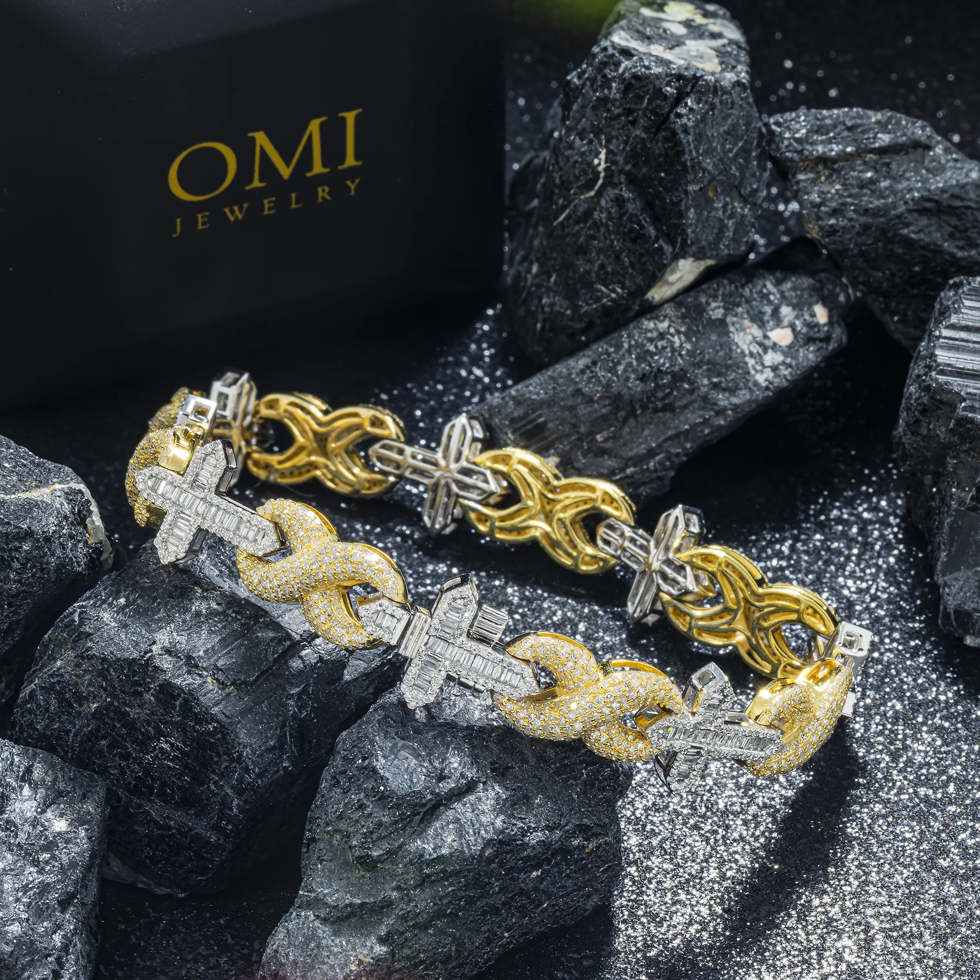 10K GOLD TWO TONE BAGUETTE DIAMOND CROSS INFINITY LINK BRACELET 4.62 CT - Image 2