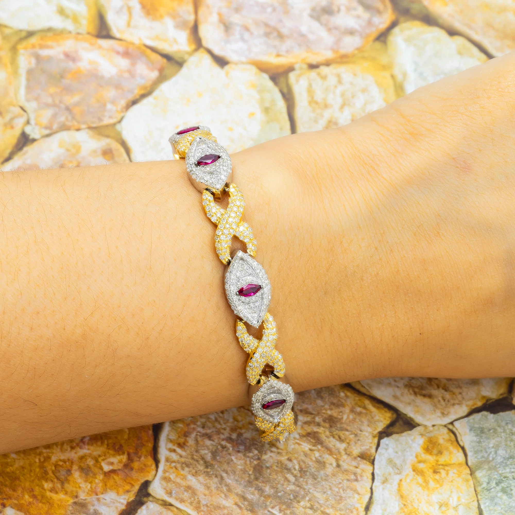 10K GOLD TWO TONE DIAMOND & PURPLE GEMSTONE EVIL EYE INFINITY CHAIN BRACELET 7.46 CT - Image 2