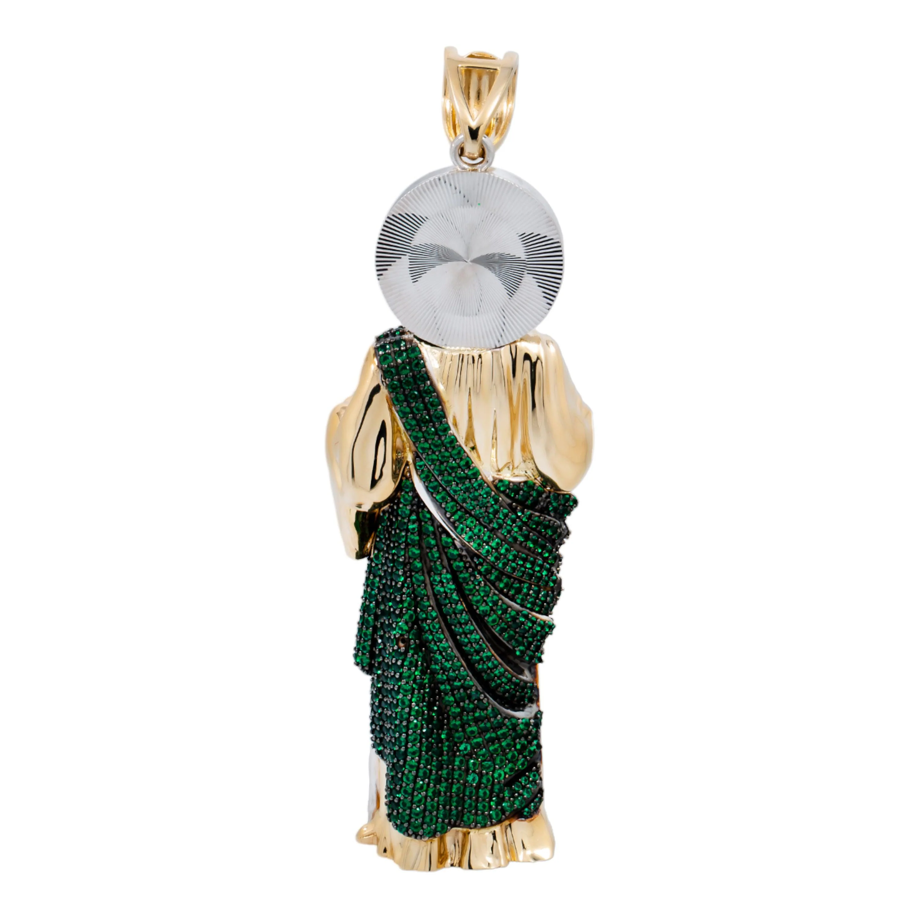 10K GOLD TWO TONE ST. JUDE PENDANT WITH GREEN GEMSTONES - Image 3