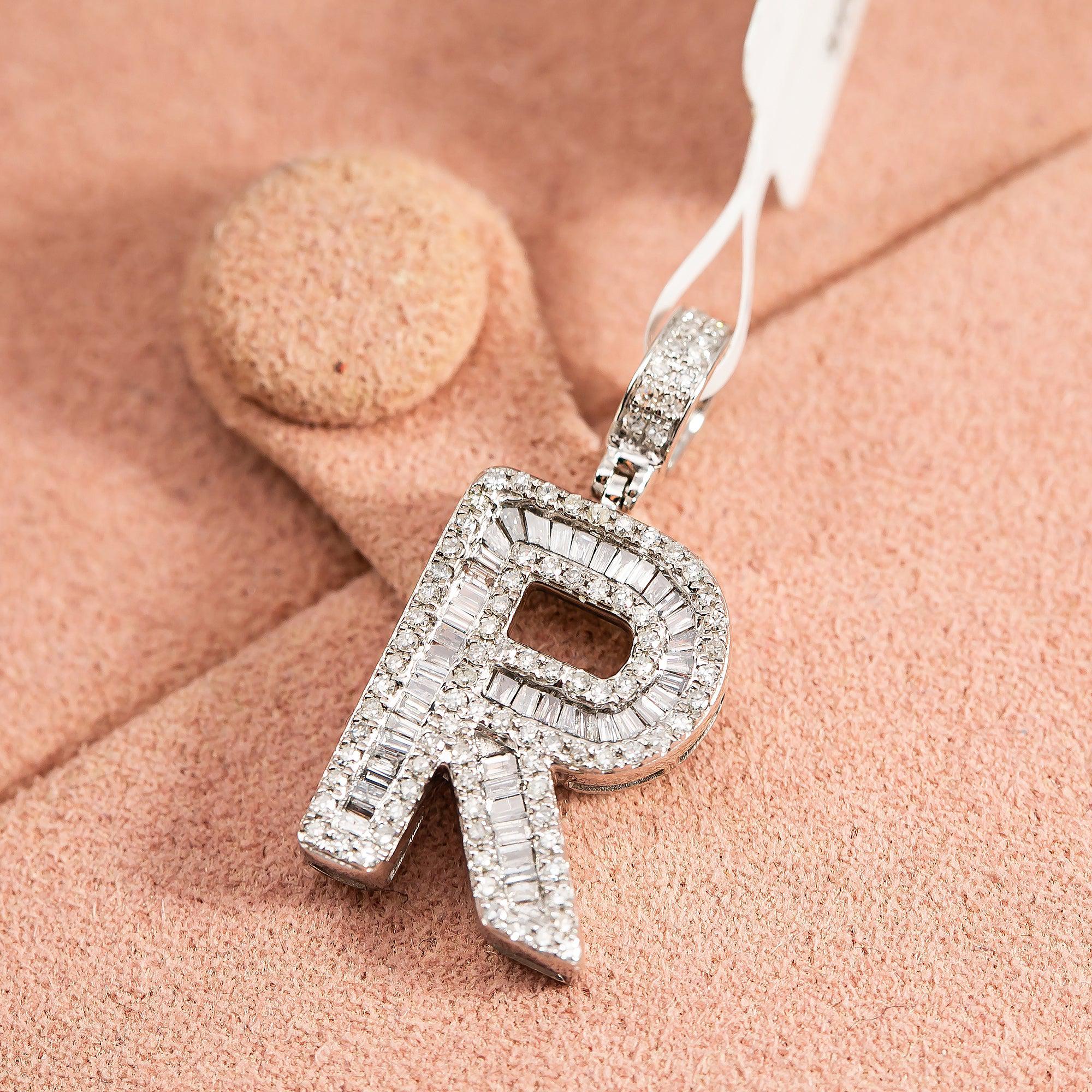 10K WHITE GOLD UNISEX LETTER R PENDANT WITH 0.65 CT DIAMONDS - Image 2