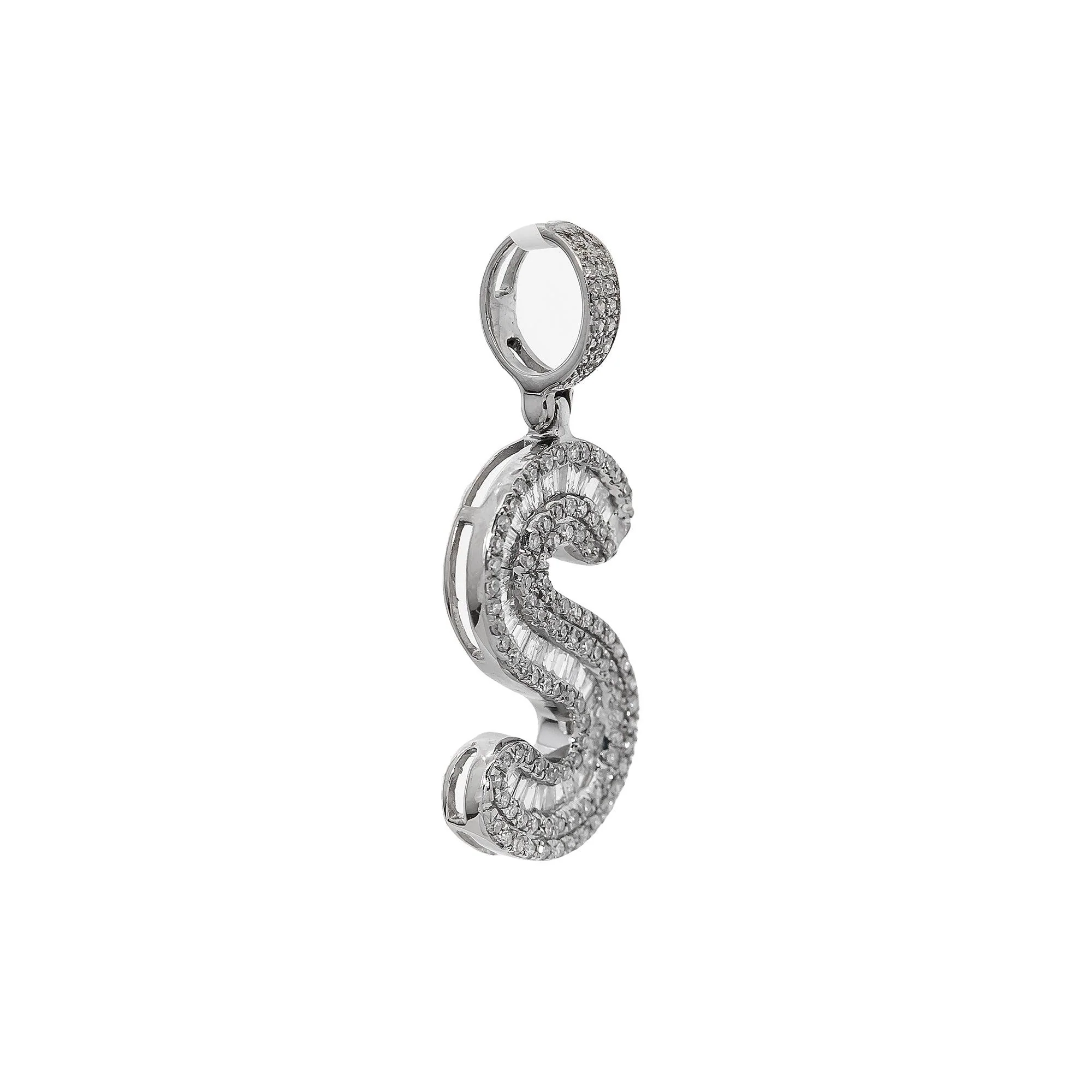 10K WHITE GOLD UNISEX LETTER S PENDANT WITH 1.1 CT BAGUETTE DIAMONDS - Image 3