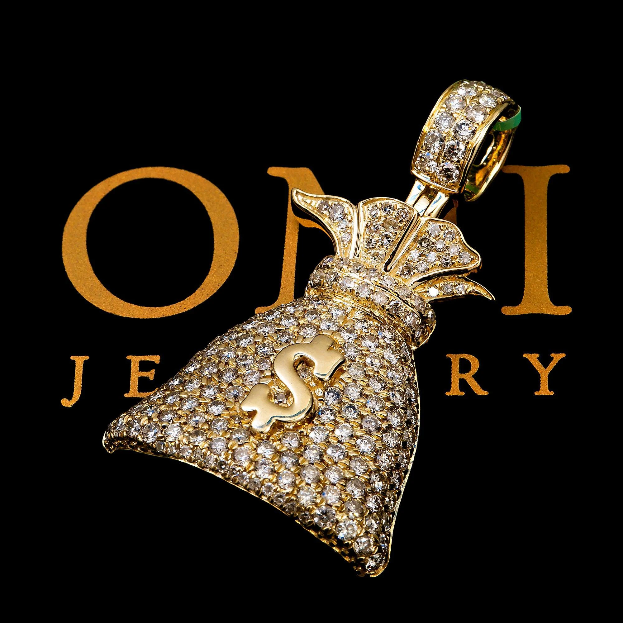 10K YELLOW GOLD MONEY BAG PENDANT WITH 2.75 CT DIAMONDS - Image 2