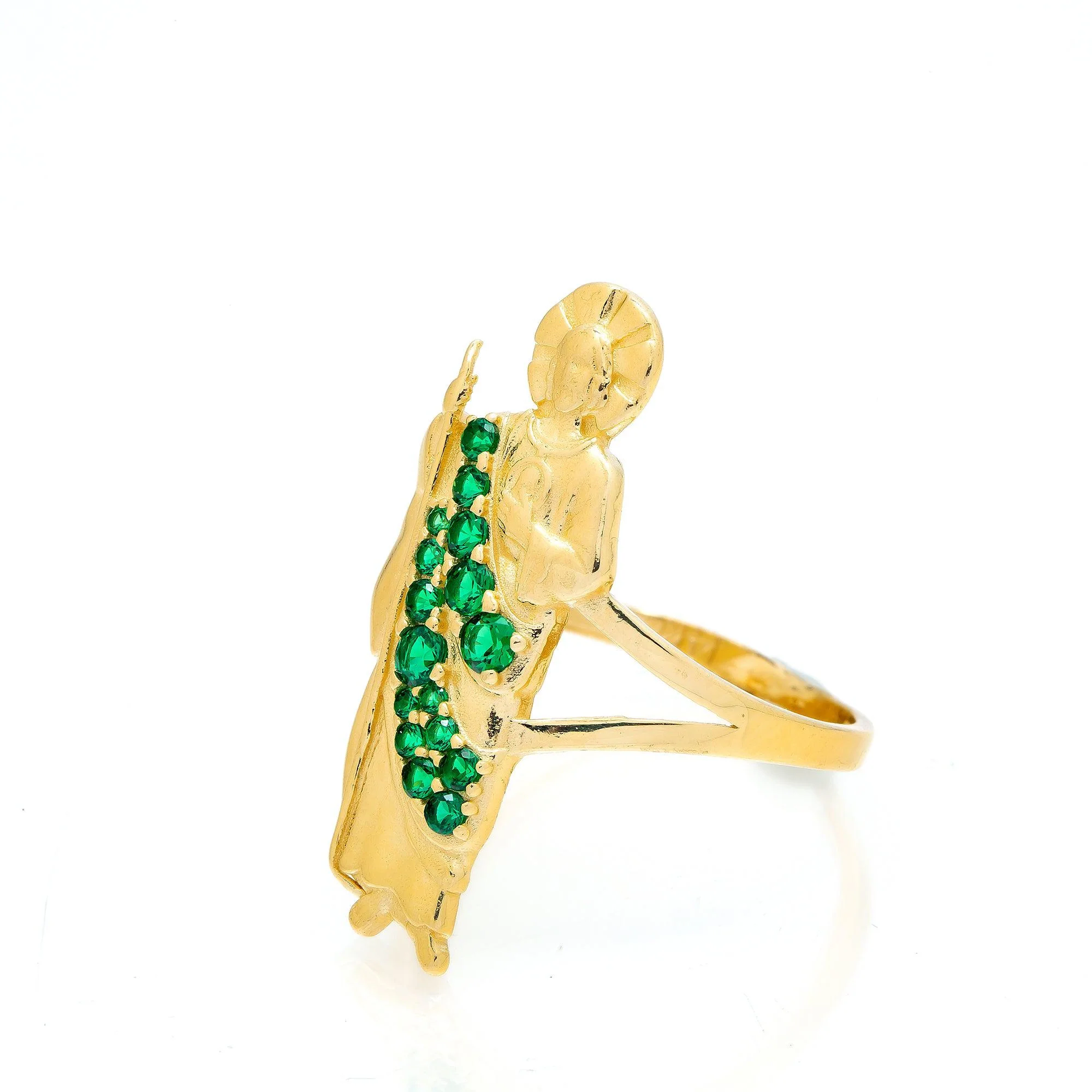 10K Yellow Gold St. Jude With CZ Green Stones Men's Ring - Image 2