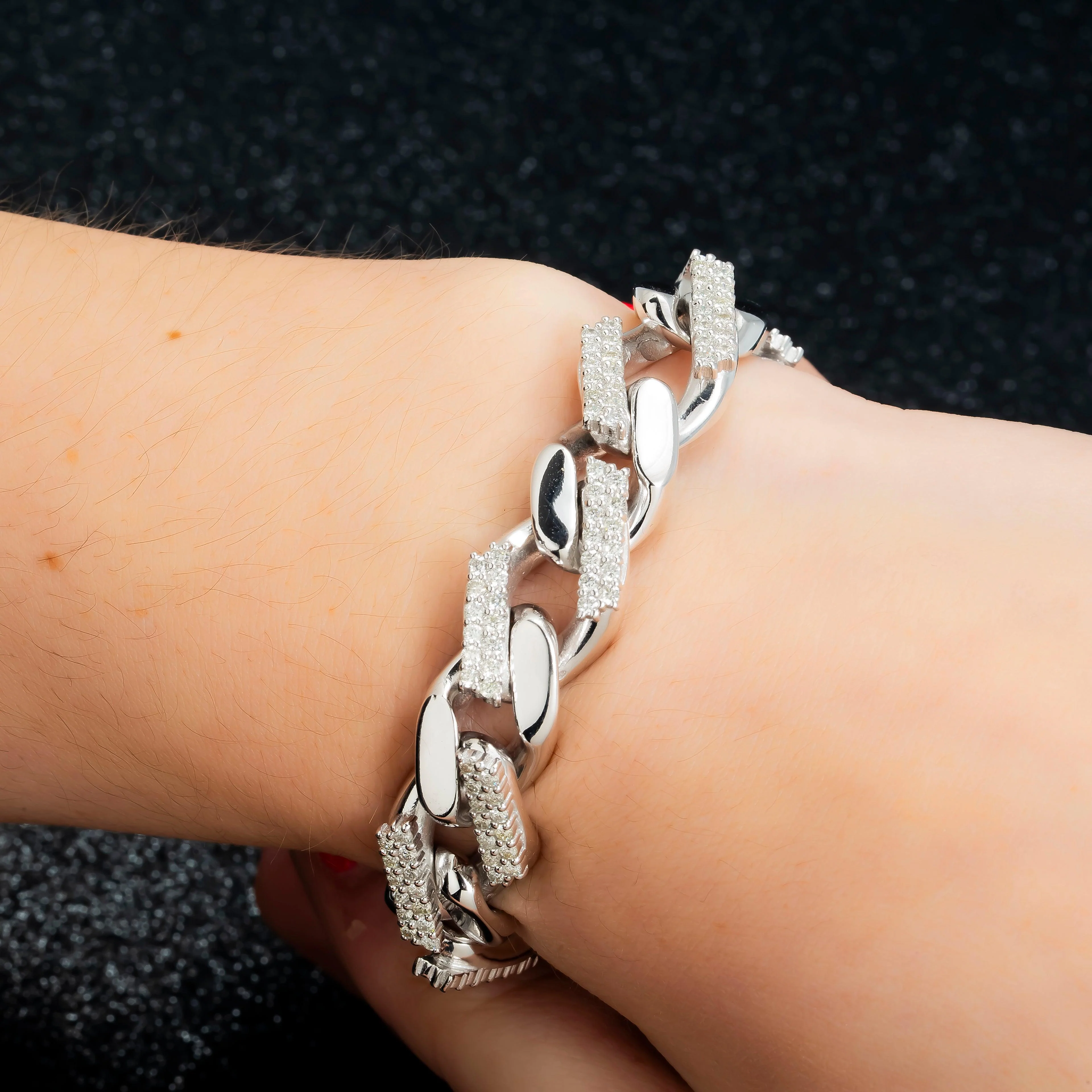 14K GOLD 13MM SOLID OPEN CUBAN LINK BRACELET WITH DIAMONDS - Image 2