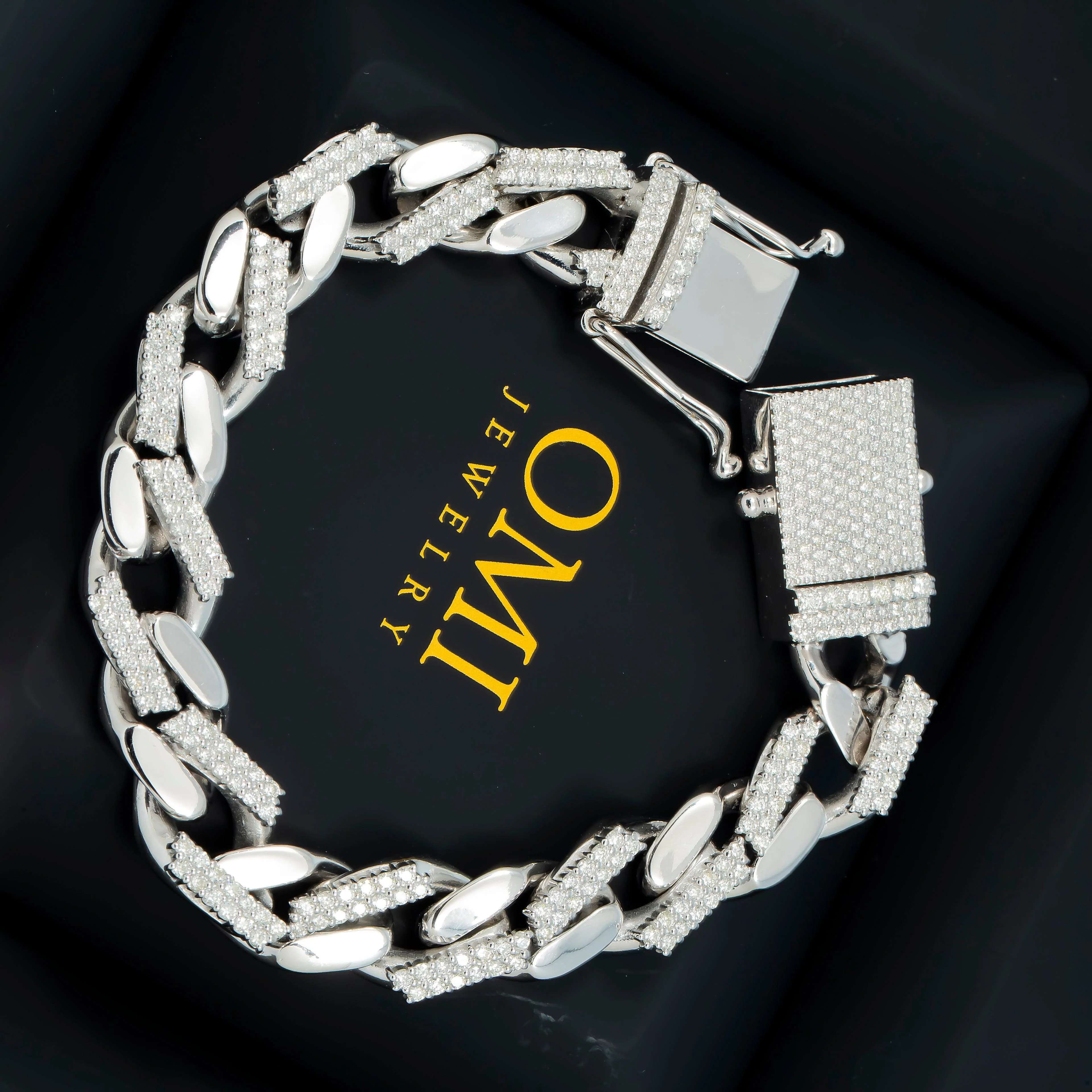 14K GOLD 13MM SOLID OPEN CUBAN LINK BRACELET WITH DIAMONDS - Image 3