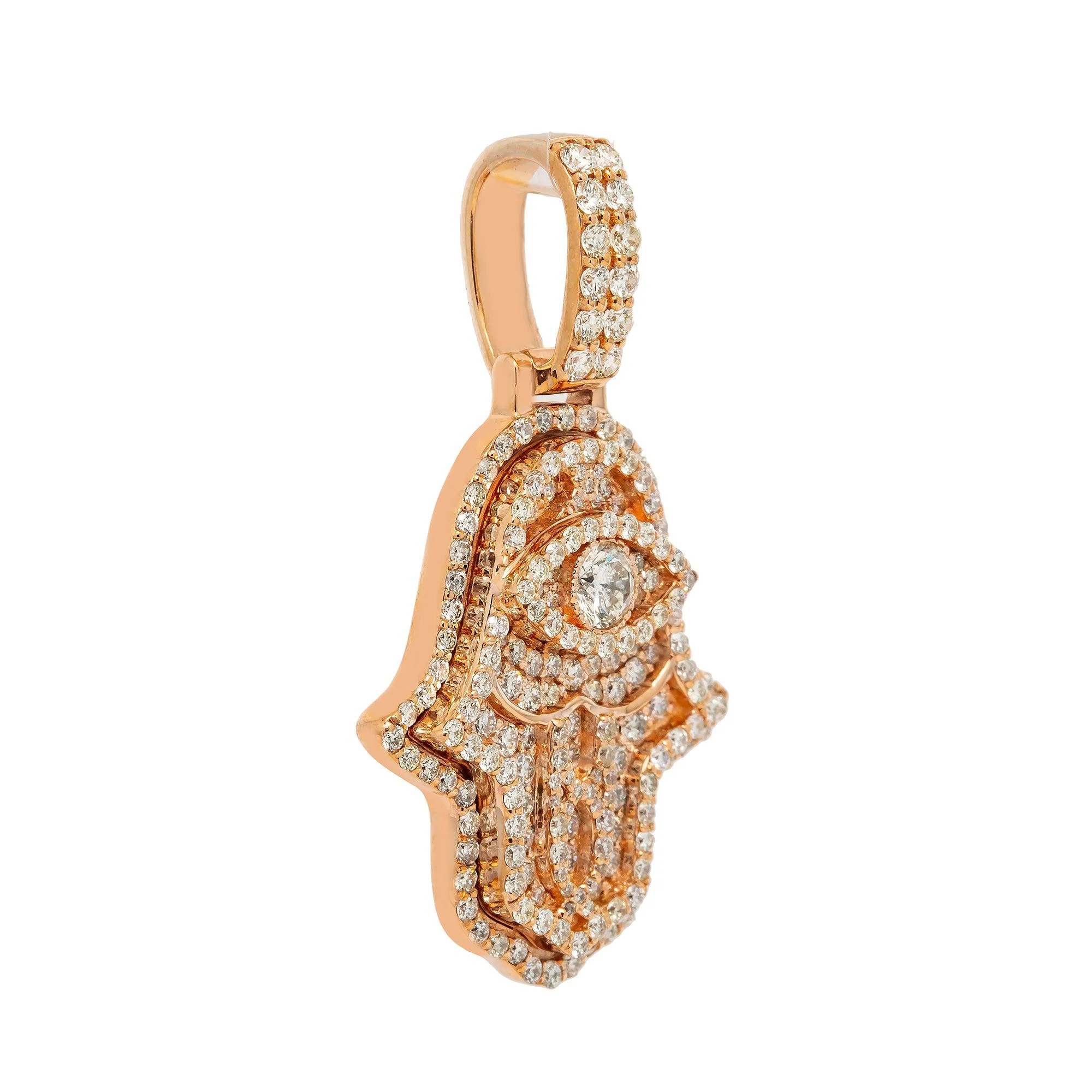 14K GOLD DIAMOND 3D HAMSA PENDANT 1.60 CT ROUND CUT CENTER - Image 2