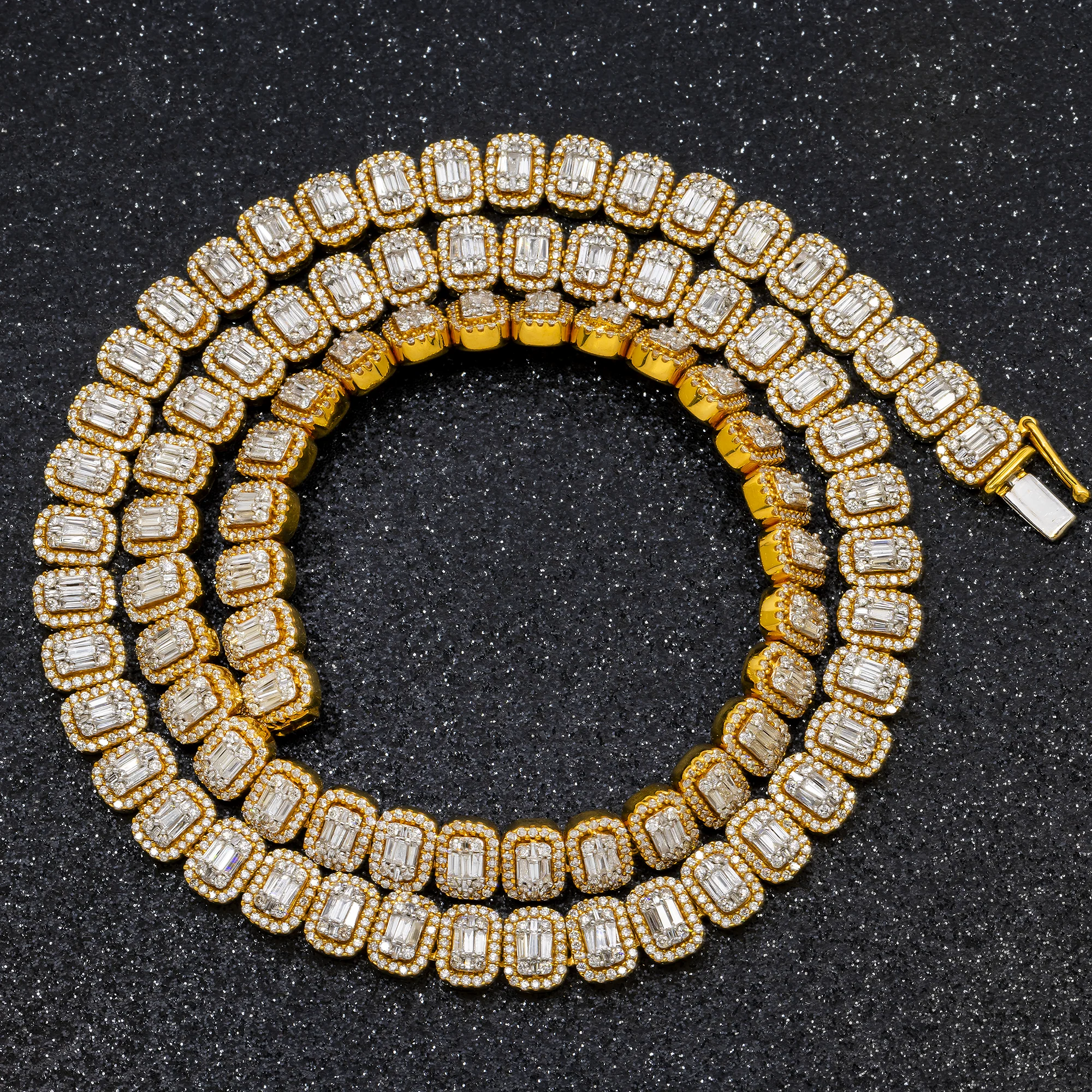 14K GOLD BAGUETTE CLUSTER AND ROUND DIAMOND HALO CHAIN 19.50 CTW - Image 4