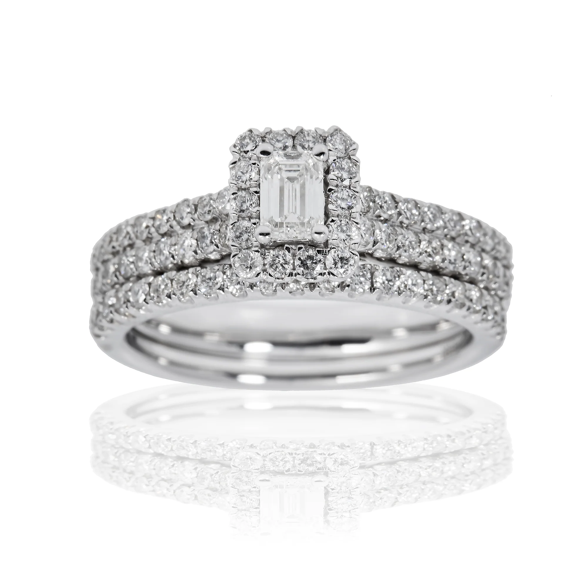14K GOLD ROUND AND EMERALD CUT HALO DIAMOND BRIDAL SET 1.19 CTW - Image 3