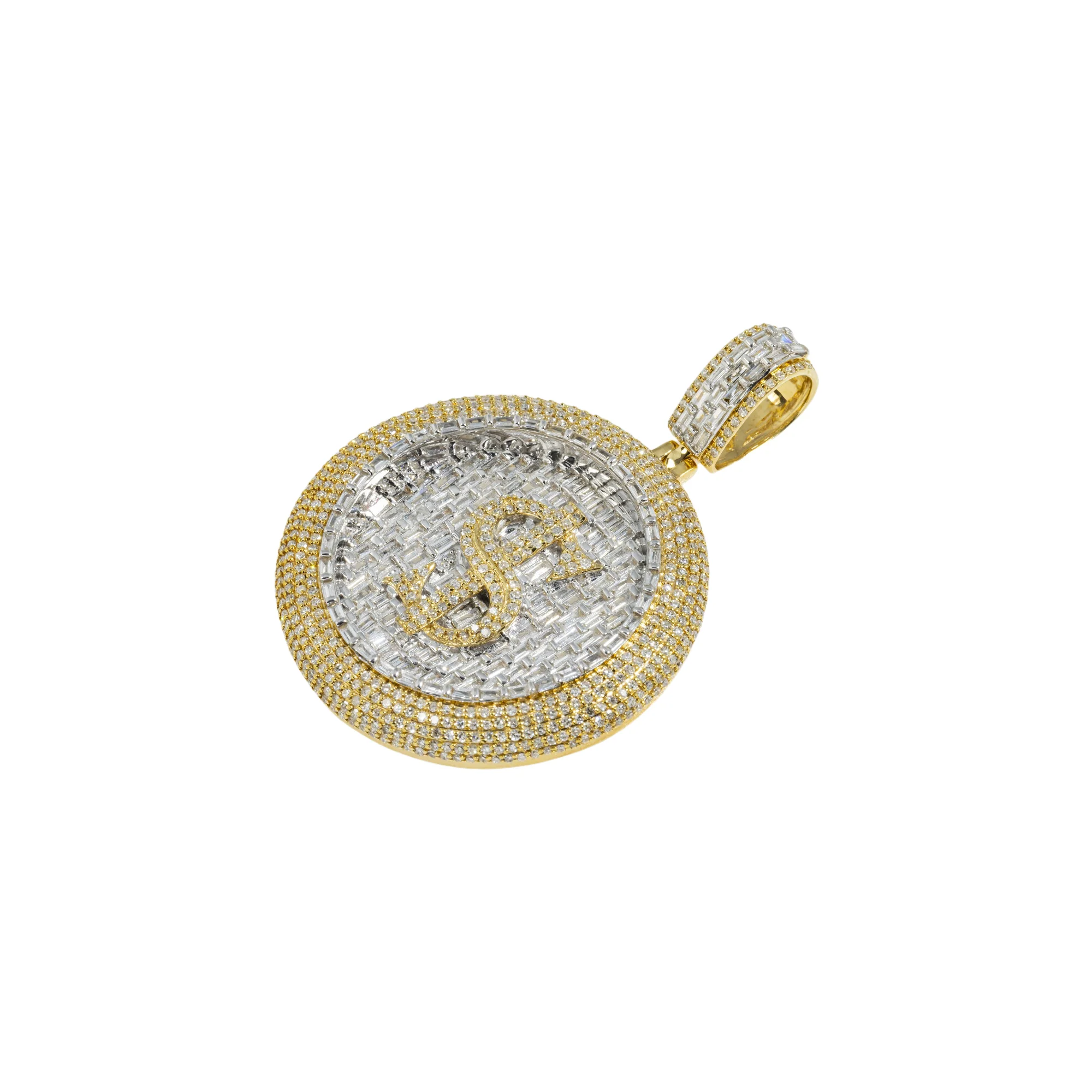 14K GOLD BAGUETTE AND ROUND DIAMOND 3D DOLLAR SIGN COIN PENDANT 3.25 CTW - Image 3