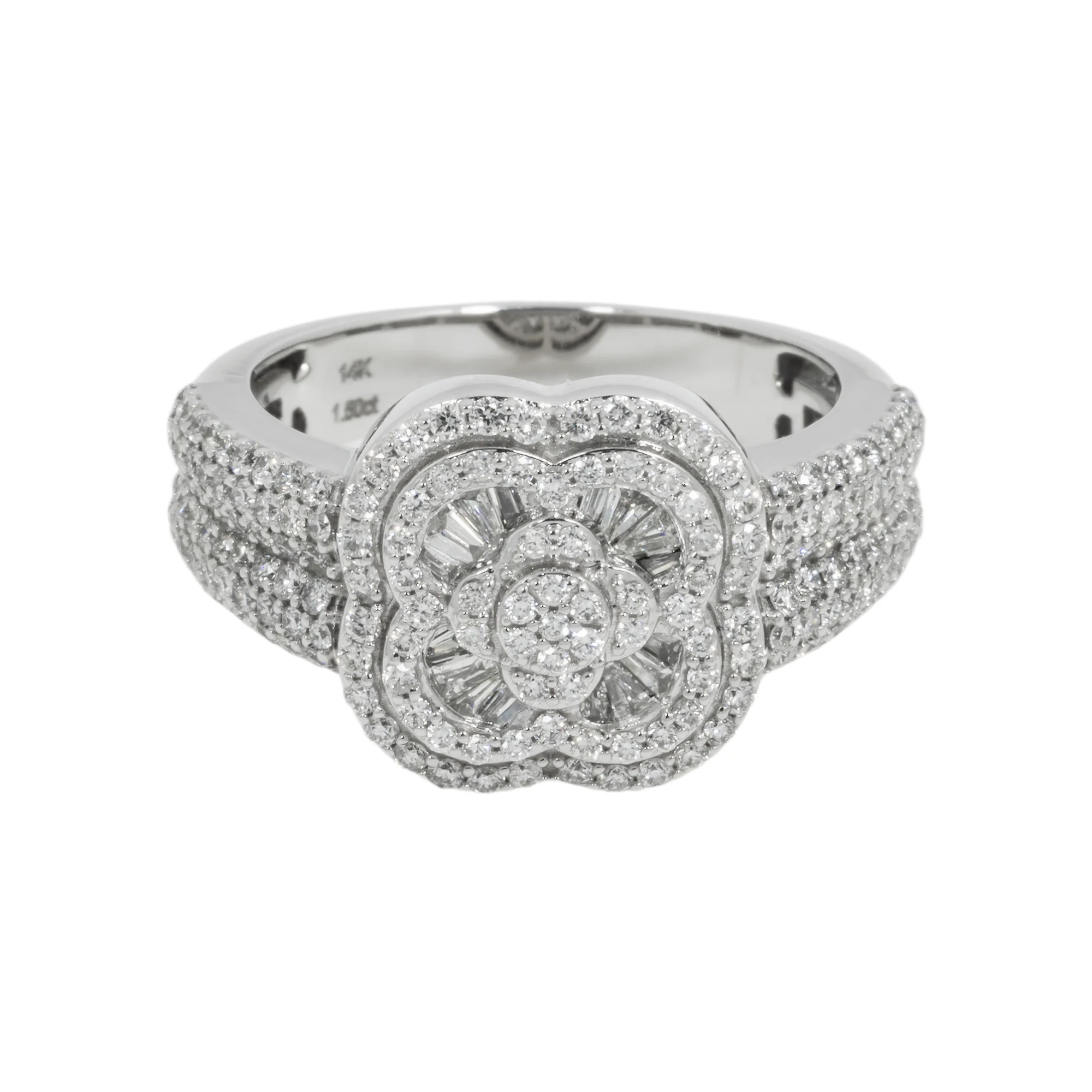 14K GOLD BAGUETTE AND ROUND DIAMOND CLOVER STATEMENT RING 1.52 CT