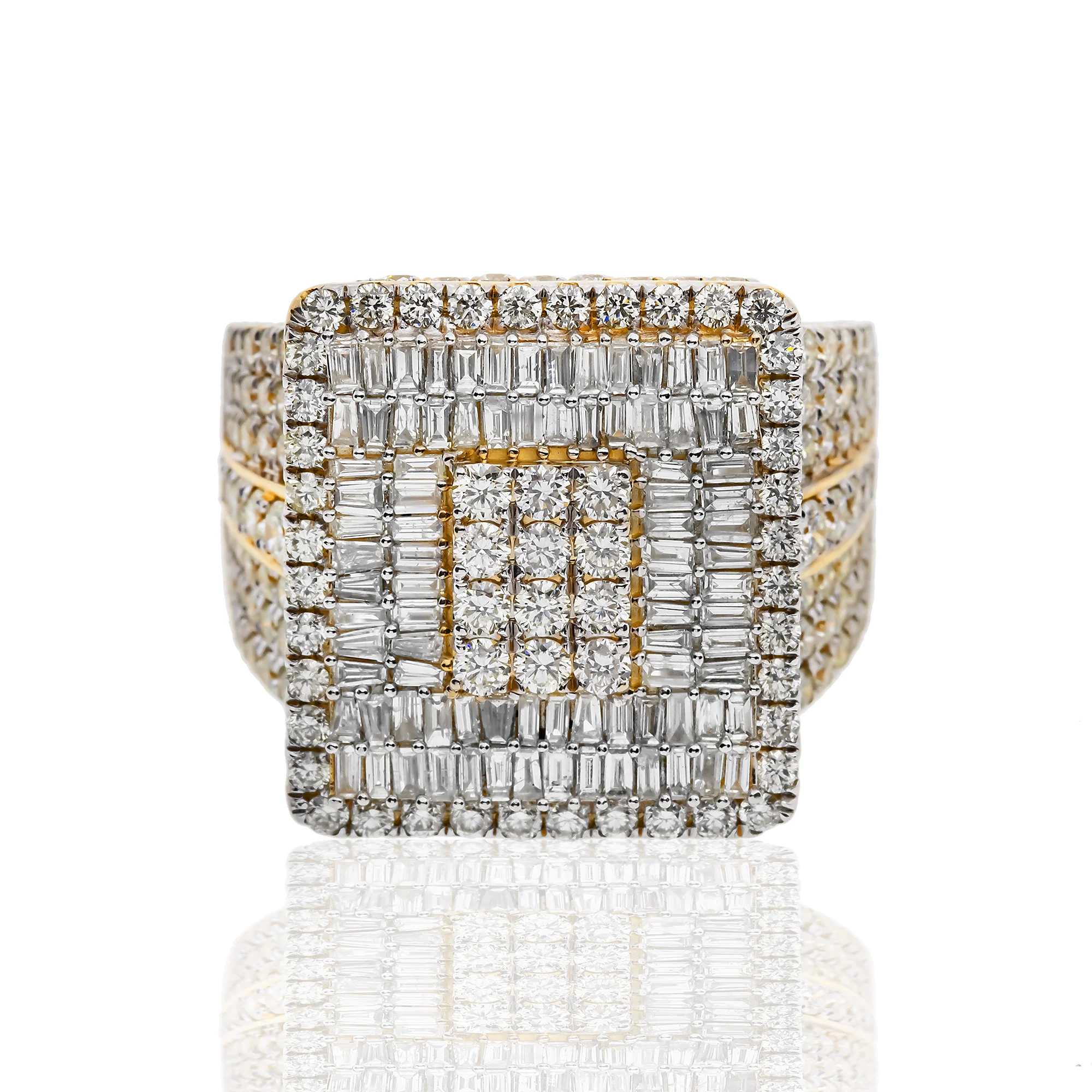 14K GOLD BAGUETTE AND ROUND DIAMOND CLUSTER SQUARE STATEMENT RING 5.11 CTW
