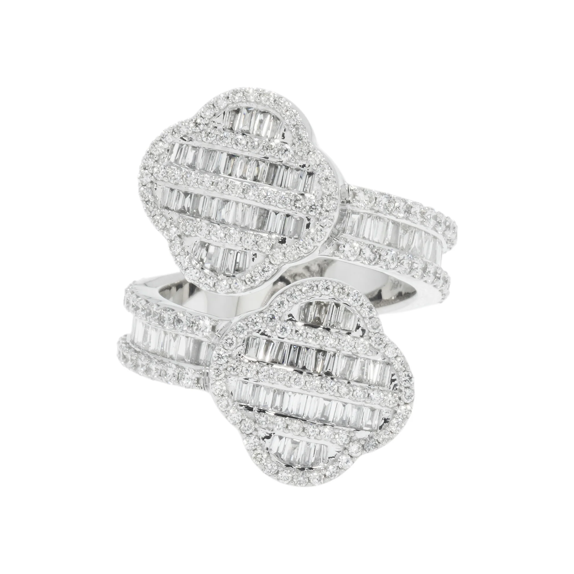 14K GOLD BAGUETTE AND ROUND DIAMOND DOUBLE CLOVER BYPASS RING 1.79 CT
