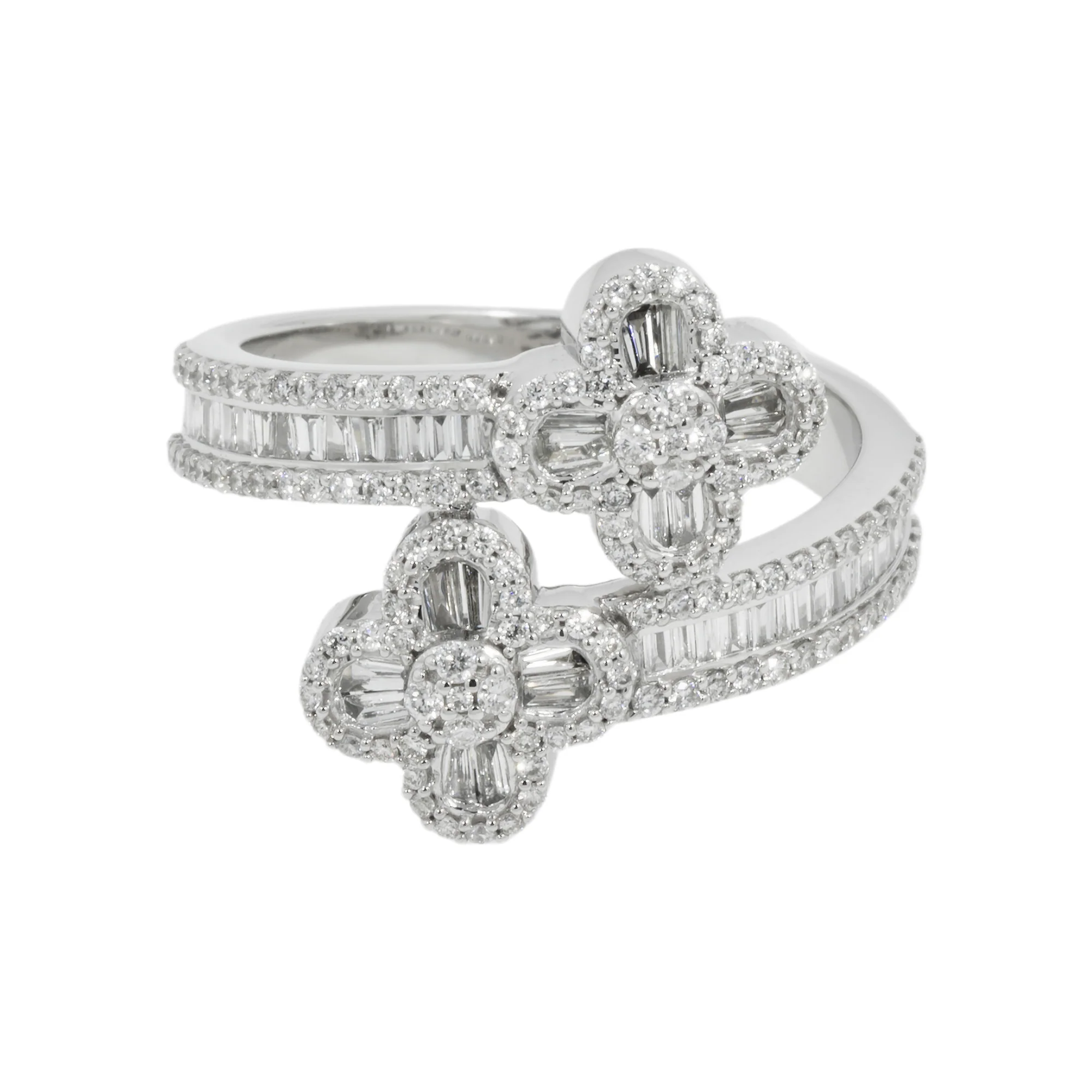 14K GOLD BAGUETTE AND ROUND DIAMOND DOUBLE CLOVER RING 1.09 CT