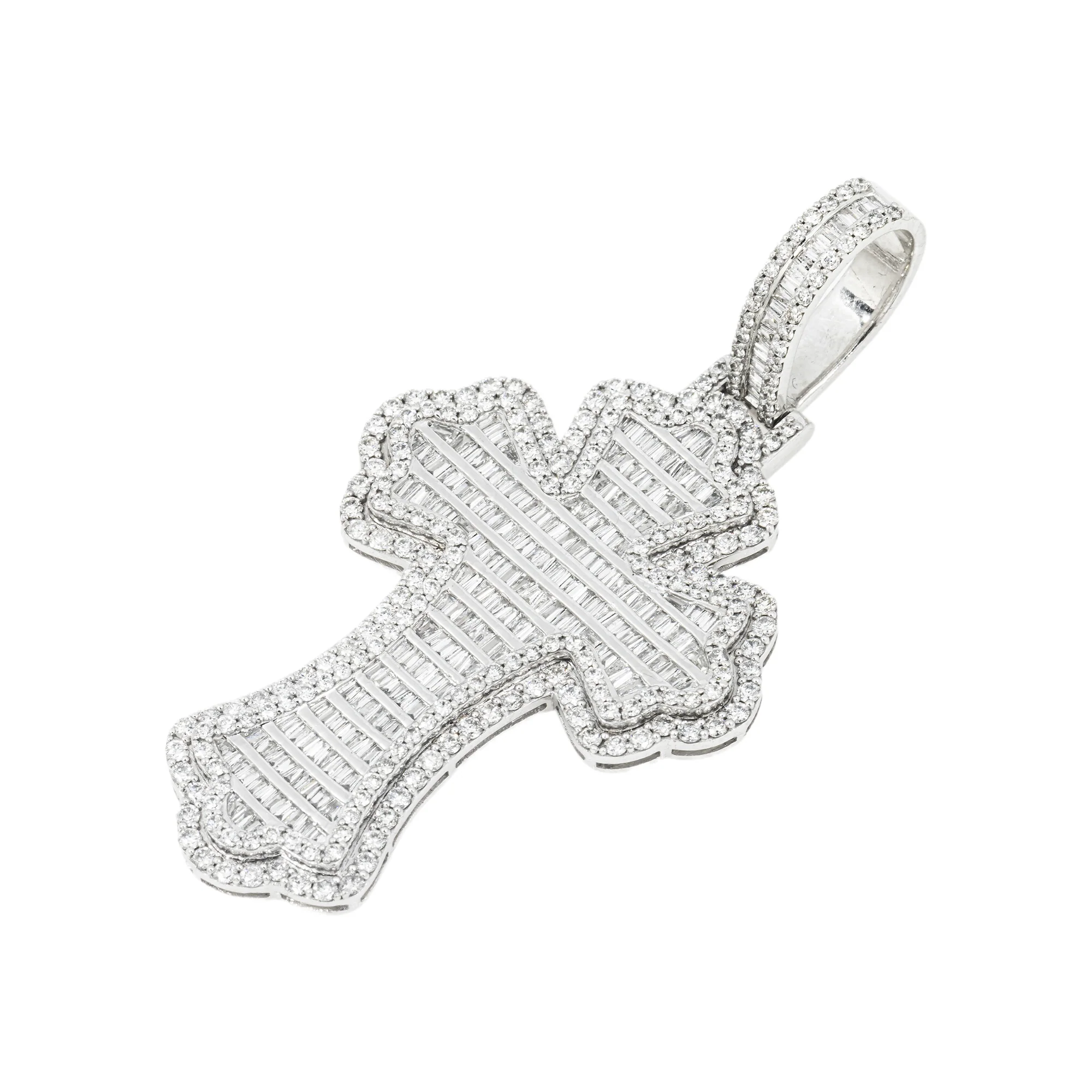 10K GOLD BAGUETTE AND ROUND DIAMOND FLEUR DE LIS CROSS PENDANT 4.45 CT - Image 3